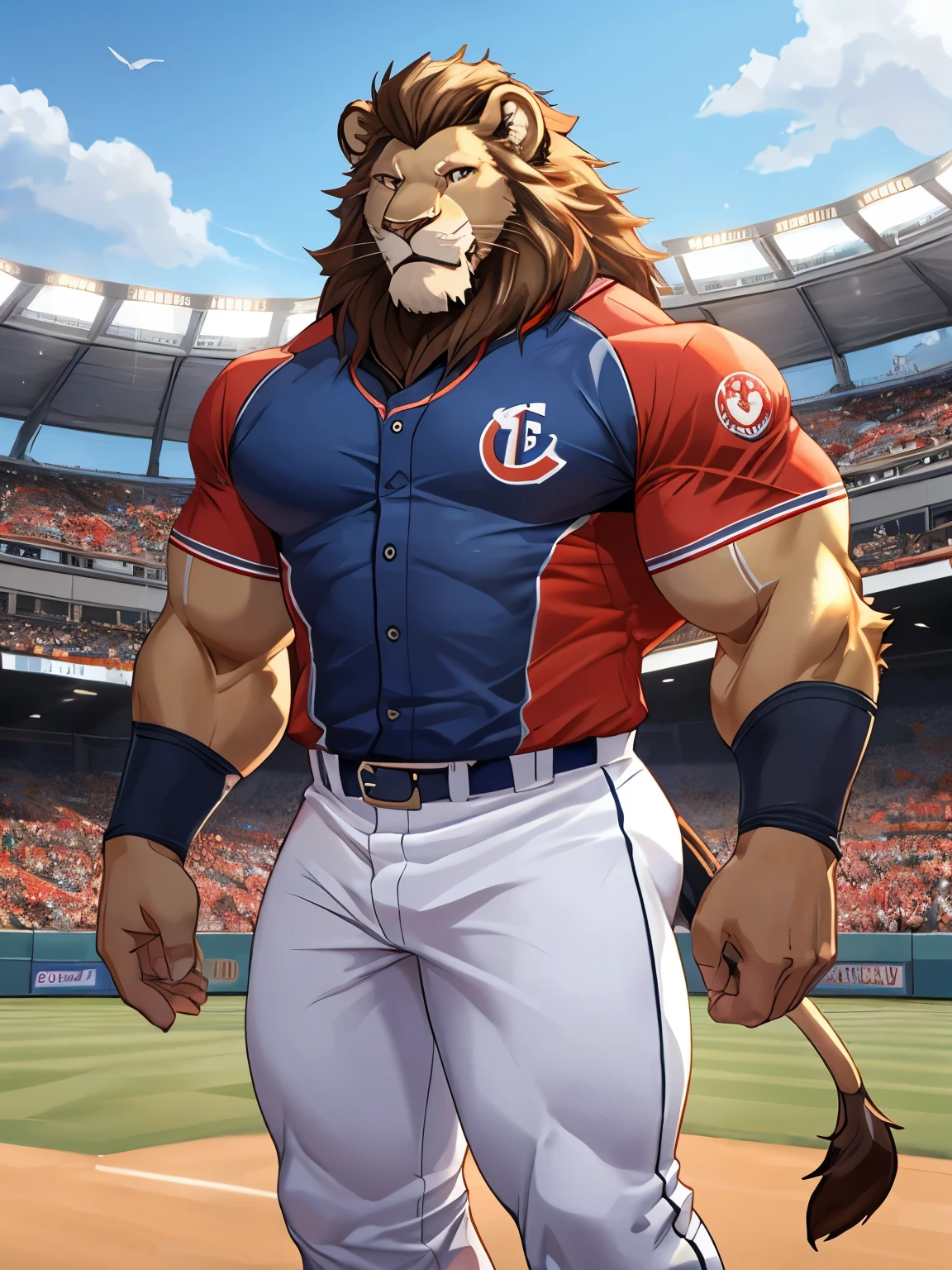 Lion, good looking, male, anthro, baseball uniform, ultradetailed, muscular, solo, bareness, rippling muscles, muscles, stadium background,