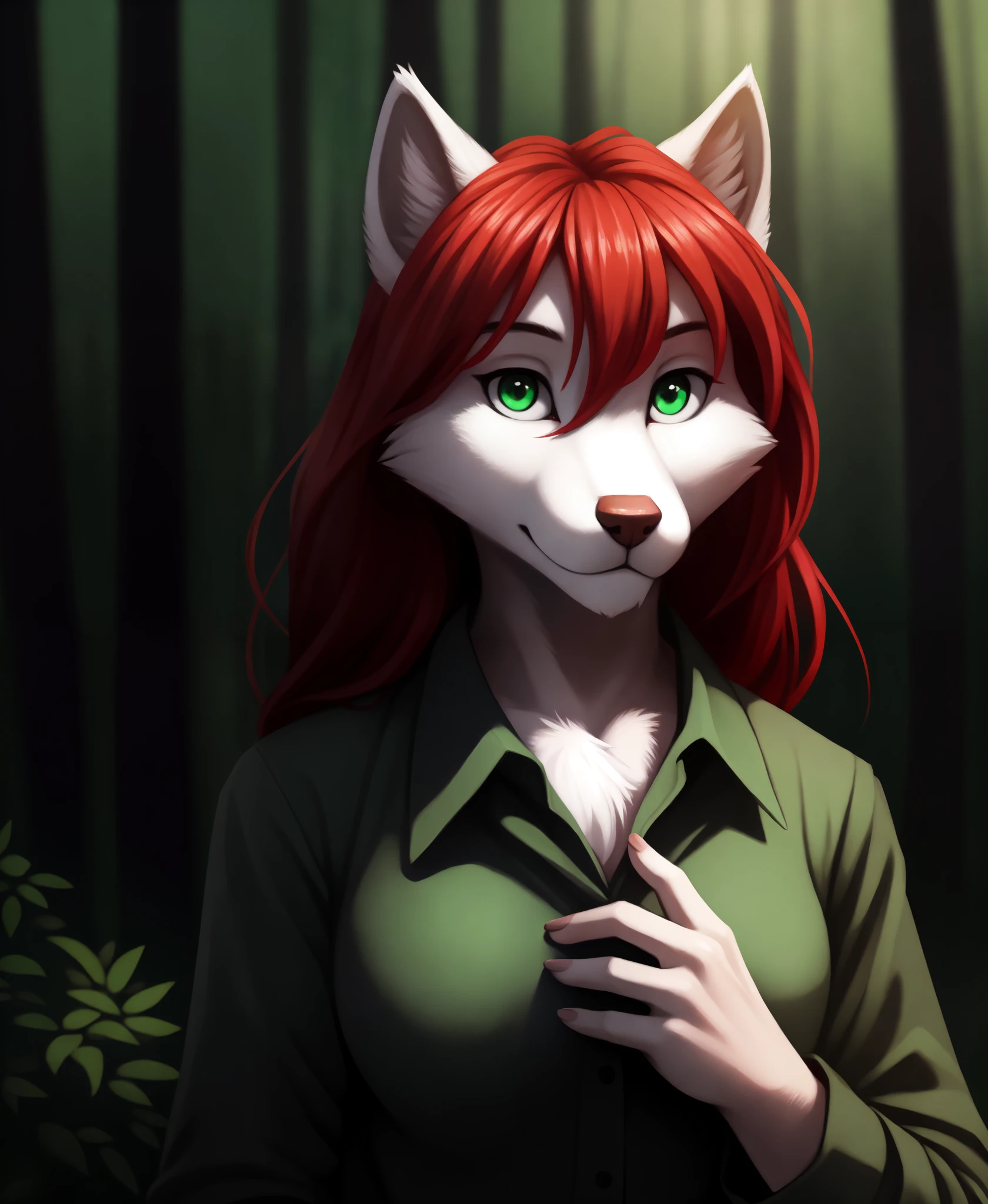 by kenket, by totesfleisch8, (by thebigslick, by silverfox5213:0.8), (by syuro:0.2),, rose-twokinds, twokinds, (best quality, masterpiece:1), solo, furry female anthro, green eyes, long hair, Red hair, portrait, finger claws, looking at viewer, wolf tail, (outdoors dark forest trees blurry blurred background:1.1), green clothes