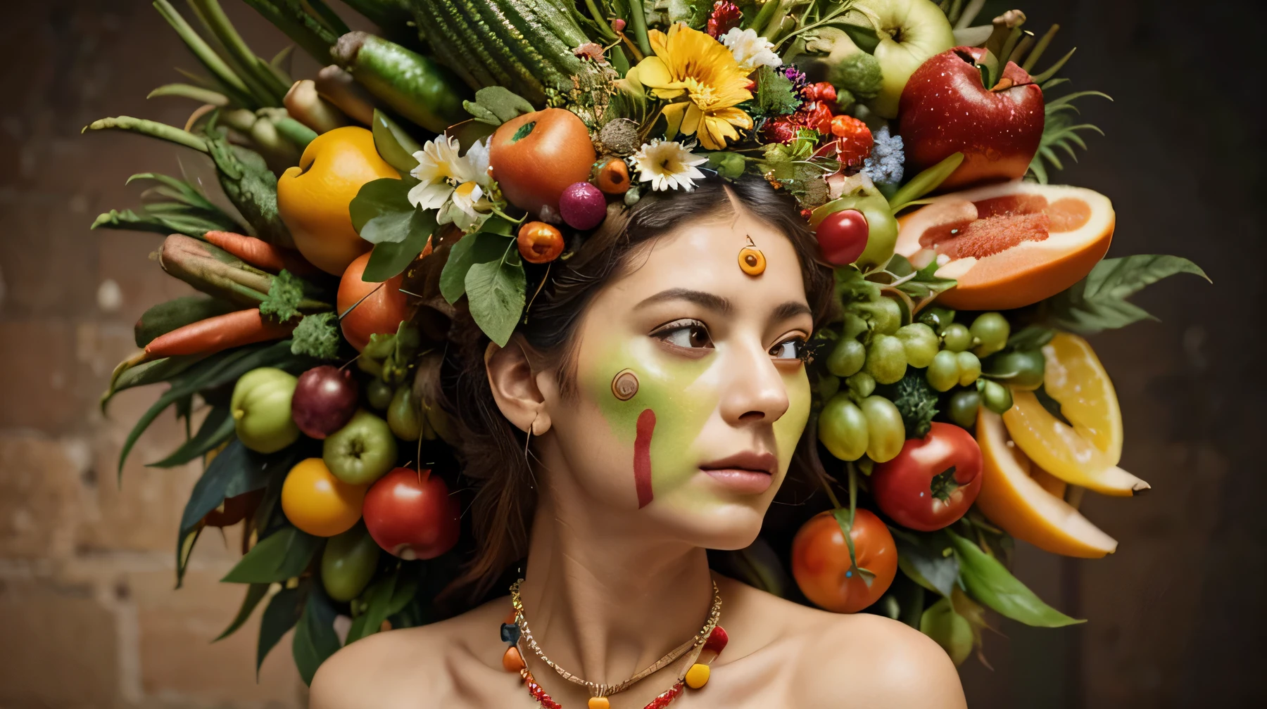"Uma imagem inspirada no estilo de Arcimboldo, o pintor italiano conhecido por retratos compostos de frutas, vegetais e outros objetos. A imagem deve representar um rosto humano feito de elementos naturais, como frutas, legumes e flores, with a surreal and artistic composition. Colors must be vibrant and details must be sharp and precise. Por favor, create a scene that captures the essence of Arcimboldo's unique style."