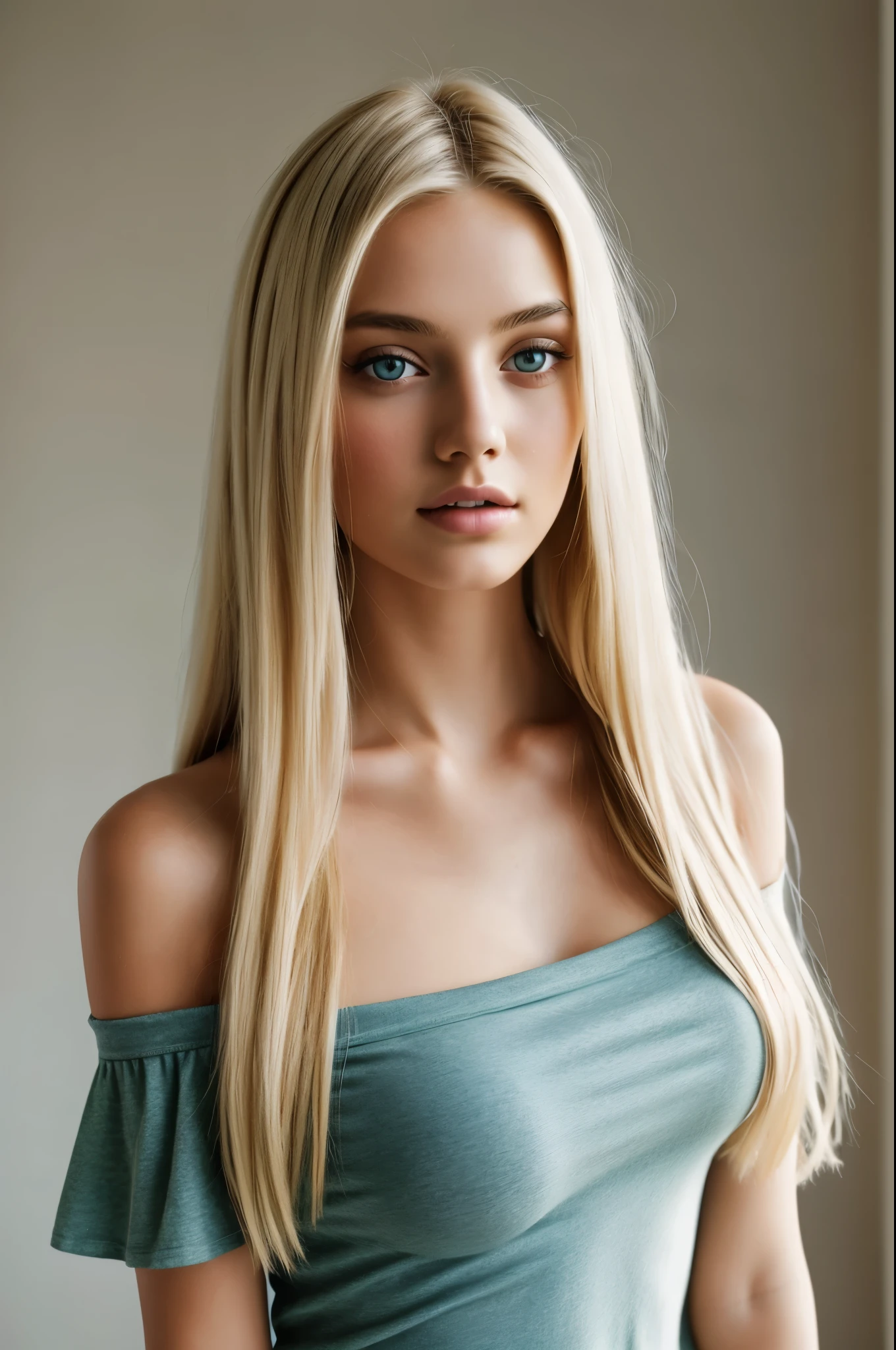 1 girl in, age 19, One, long hair, Colossal tits, Looking at the viewer, blonde hair, bare shoulders, jewelry, whole body, (Very detailed 8K wallpapers), soft lighting, High quality, granularity, Fujifilm XT3 sharp focus, the same 5.6, high detail, Sharp Focus,(natural light), (big plan:1.2), (seductive), off shoulder T-shirt, Realistic, sexual