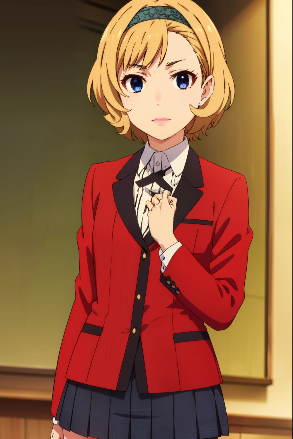 itsukisumeragi, itsuki sumeragi, short hair, blue eyes, blonde hair, braid, hairband, smile,
BREAK skirt, shirt, school uniform, jacket, white shirt, pleated skirt, collared shirt, black skirt, blazer, (red jacket:1.5),
BREAK indoors, classroom,
BREAK looking at viewer, (cowboy shot:1.5),
BREAK (masterpiece:1.2), best quality, high resolution, unity 8k wallpaper, (illustration:0.8), (beautiful detailed eyes:1.6), extremely detailed face, perfect lighting, extremely detailed CG, (perfect hands, perfect anatomy),