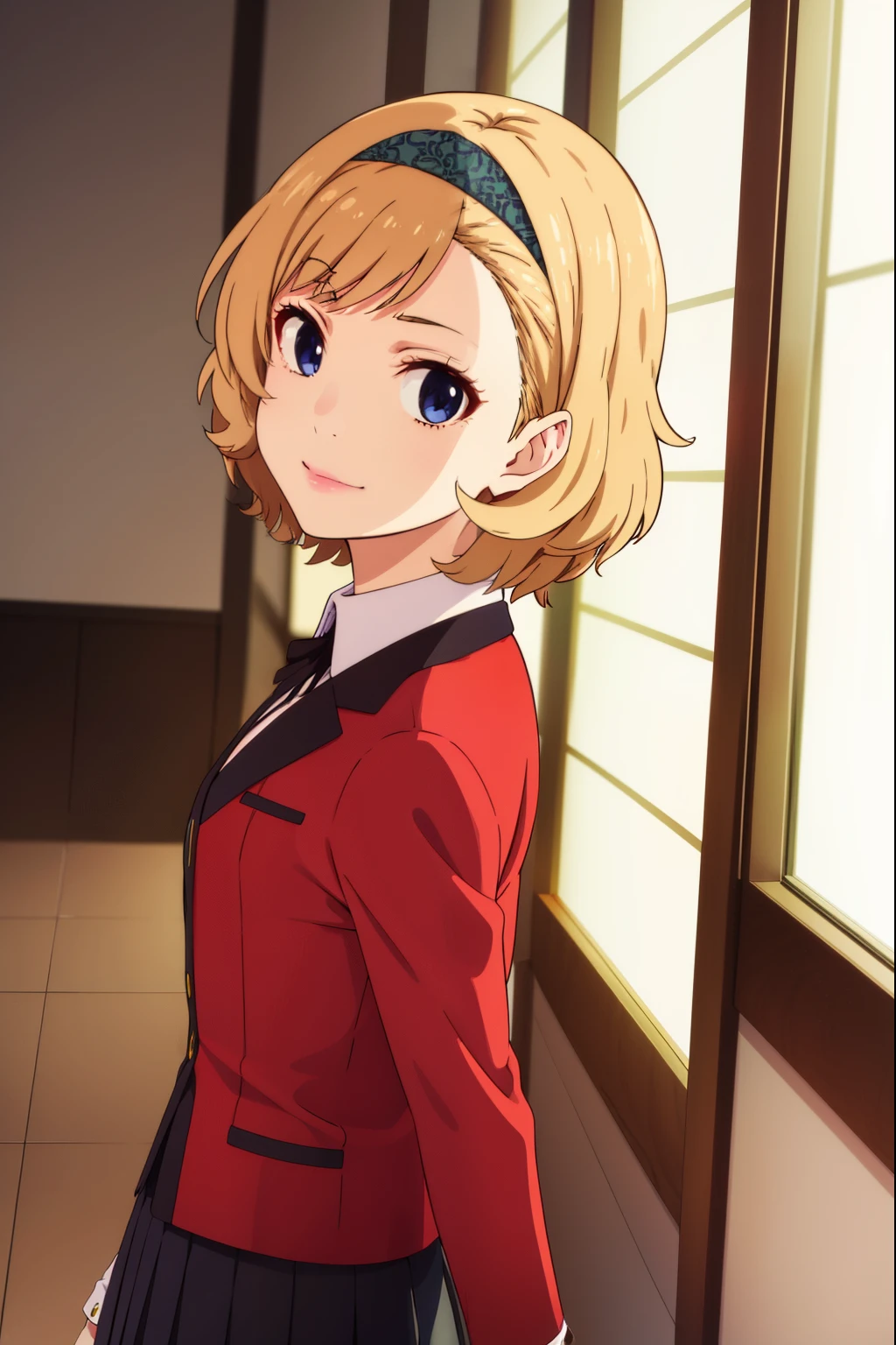 itsukisumeragi, itsuki sumeragi, short hair, blue eyes, blonde hair, braid, hairband, smile,
BREAK skirt, shirt, school uniform, jacket, white shirt, pleated skirt, collared shirt, black skirt, blazer, (red jacket:1.5),
BREAK indoors, classroom,
BREAK looking at viewer, (cowboy shot:1.5),
BREAK (masterpiece:1.2), best quality, high resolution, unity 8k wallpaper, (illustration:0.8), (beautiful detailed eyes:1.6), extremely detailed face, perfect lighting, extremely detailed CG, (perfect hands, perfect anatomy),