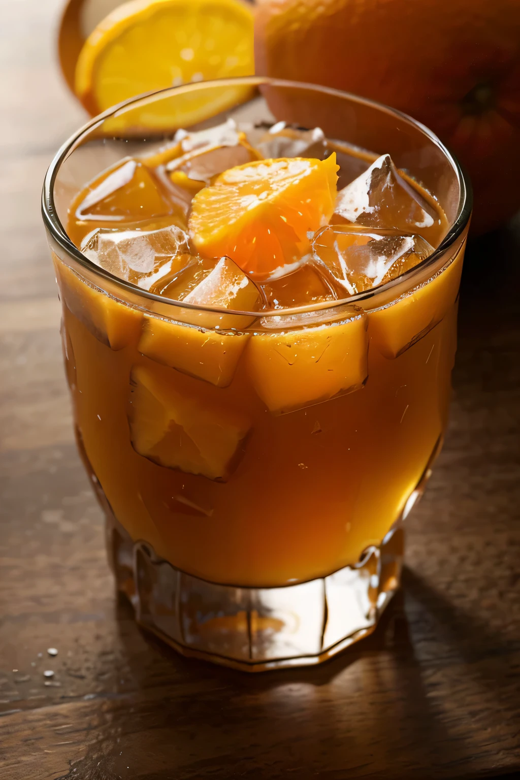 crie um copo com suco de laranja REALISTA COM PEDRAS DE GELO