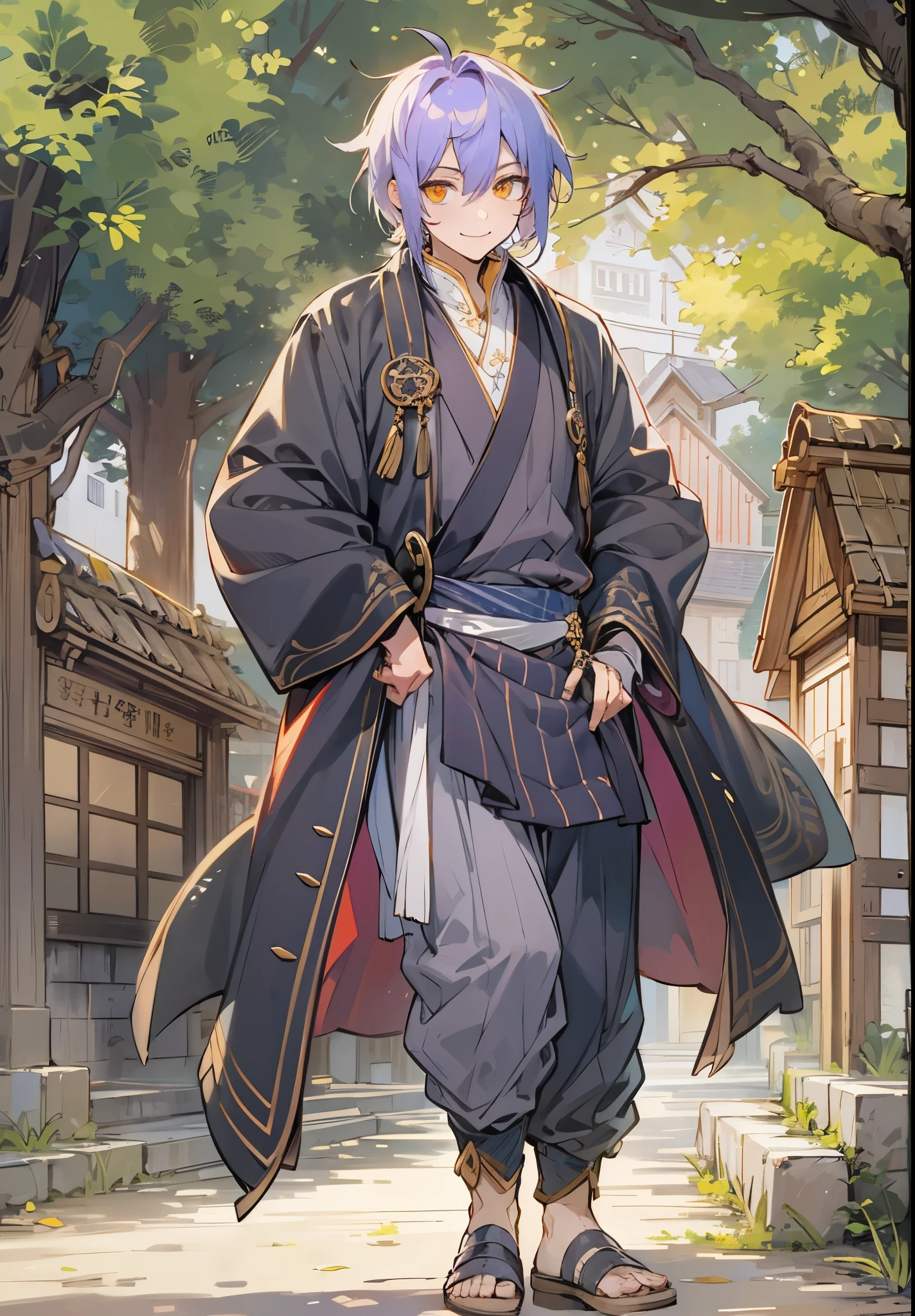 1male, Adult, Purple Hair, Short Hair, Golden Eyes, Dragon Eyes, Village, Smile, Village Outfit