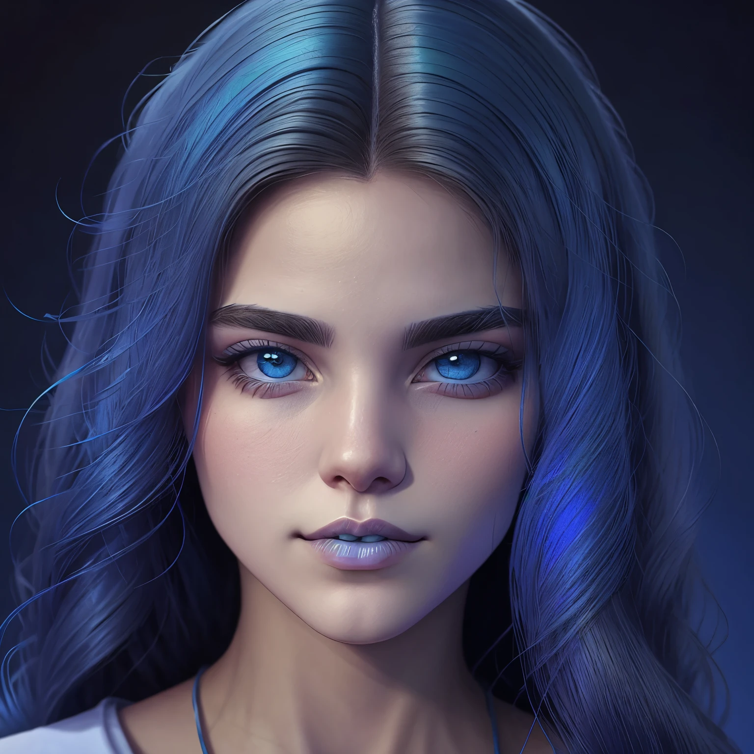 Colorido 3d realista retrato da vista frontal da mulher jovem bonita com cabelo azul, pale background, André Kehoe