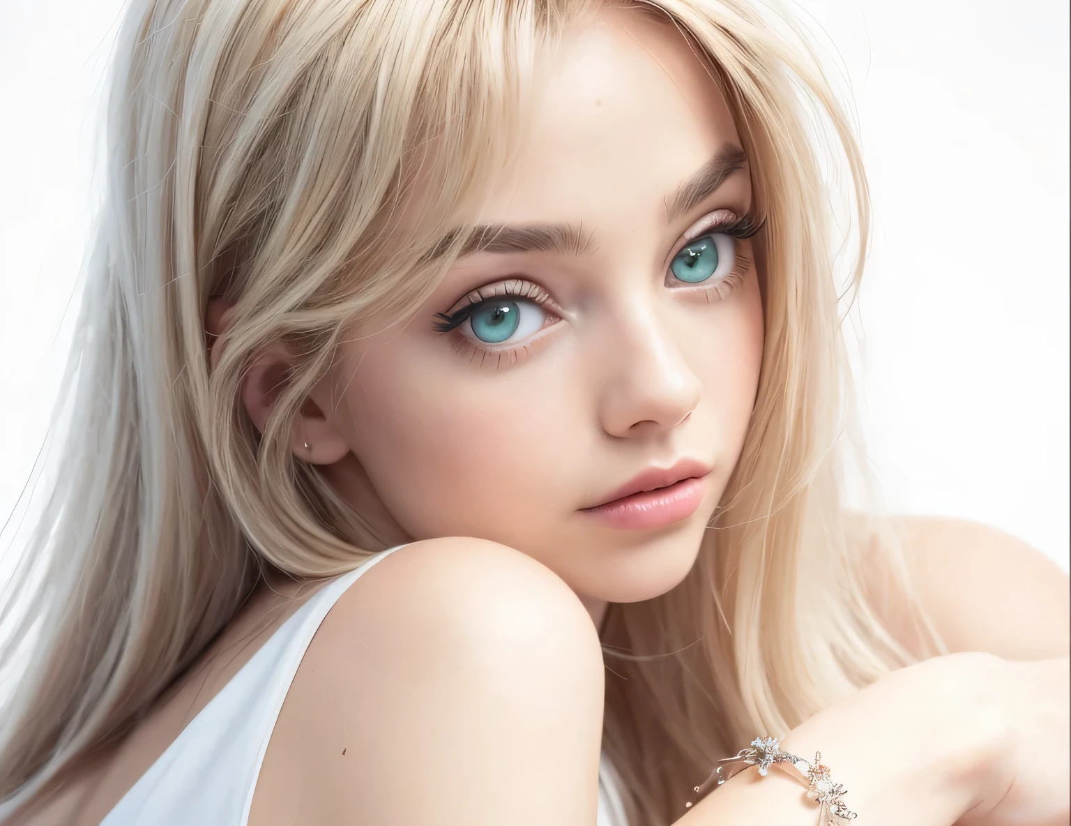 obra de arte. Incredibly illustration. Rosto aproximado de 1girl, cerca de 16 anos. vista ligeiramente lateral. (( bonita bonita)). (((Olhos verdes bem grandes))). olhando o espectador. gentle expression. Rosto Delicado. rosto detalhado. ((pink lips)). (((cabelo loiro longo))). franja de cabelo. Ombro direito aparente. Left arm crossed in front with delicate floral bracelet. Vestido branco folhas brancas.