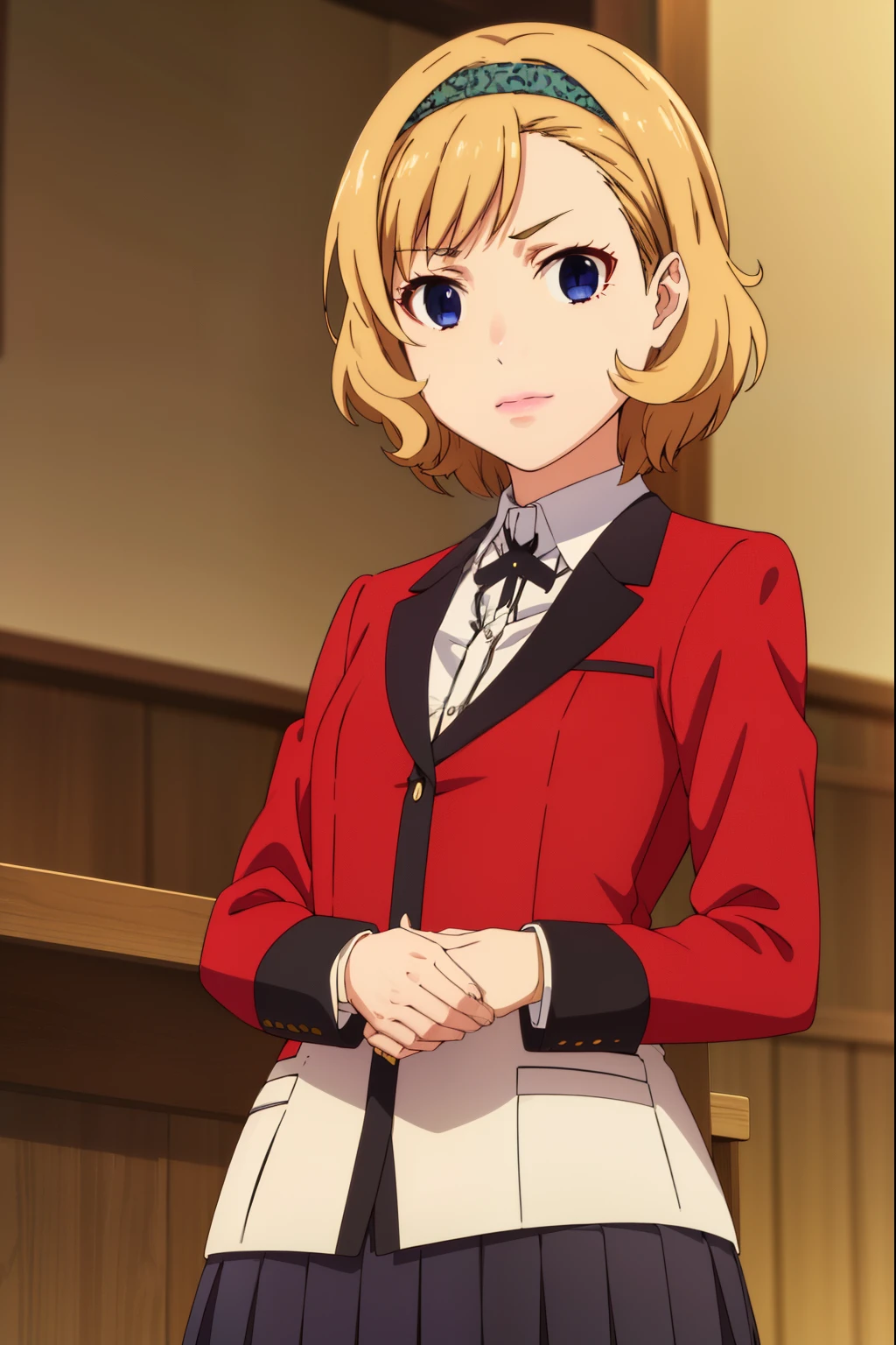 itsukisumeragi, itsuki sumeragi, short hair, blue eyes, blonde hair, braid, hairband, smile,
BREAK skirt, shirt, school uniform, jacket, white shirt, pleated skirt, collared shirt, black skirt, blazer, (red jacket:1.5),
BREAK indoors, classroom,
BREAK looking at viewer, (cowboy shot:1.5),
BREAK (masterpiece:1.2), best quality, high resolution, unity 8k wallpaper, (illustration:0.8), (beautiful detailed eyes:1.6), extremely detailed face, perfect lighting, extremely detailed CG, (perfect hands, perfect anatomy),