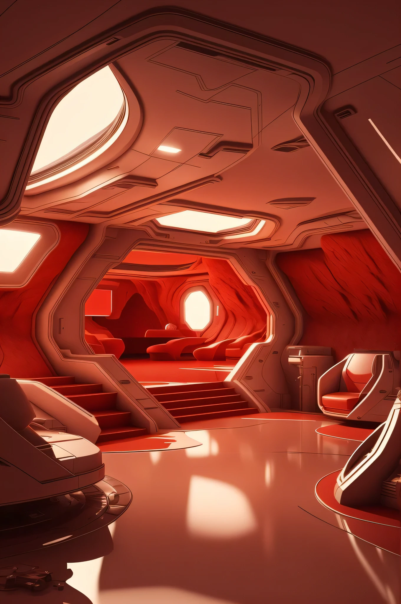 award winning interior design of a house on Mars, red planet, futuristic,