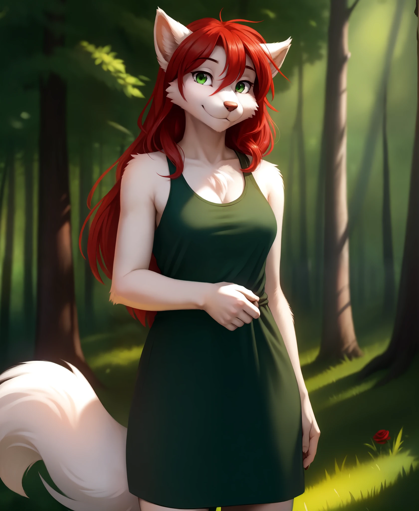 by kenket, by totesfleisch8, (by thebigslick, by silverfox5213:0.8), (by syuro:0.2),, rose-twokinds, twokinds, (best quality, masterpiece:1), solo, furry female anthro, green eyes, long hair, Red hair, portrait, finger claws, looking at viewer, wolf tail, (outdoors dark forest trees blurry blurred background:1.1), green clothes