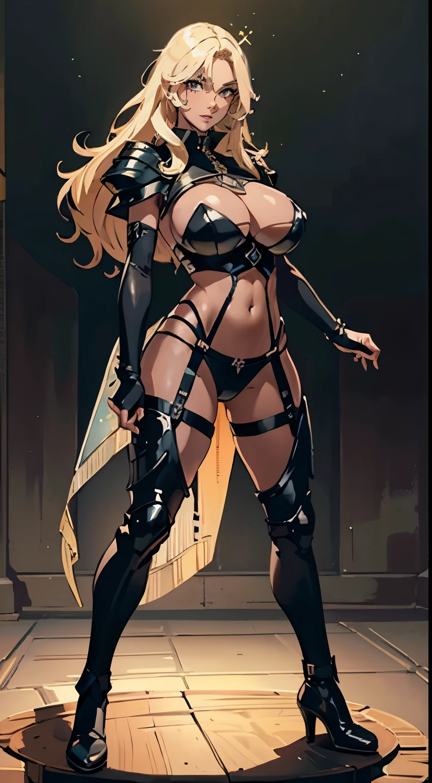 magepunk, armored, lingerie, revealing football pads, cape, receiver, Ultra High Definition, Maximum Resolution, Very Detailed, Clean Skin, Anime, Full Body, (See-through:1.5), Masterpiece, Best Quality, fighting pose, dynamic pose, Ultra High Definition, Maximum Resolution; 1girl,tan skin, black skin, beautiful, perfect lighting, muscular, thighs, mature female, milf, navel, abs, looking at viewer (masterpiece, high quality:1.1) goddess,smile, extremely huge breasts, motherly, porcelain skin, honey blonde hair, very long hair, wavy hair,shiny skin