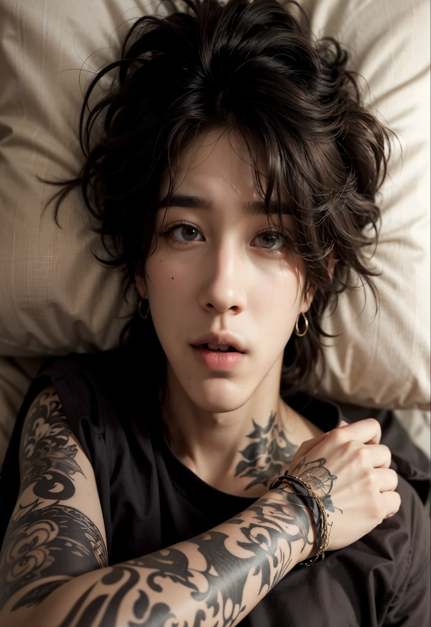 arafed woman com tatuagens laying on a bed with a pillow, Jungkook, cai xukun, cute japanese demon boy, taejune kim, Jinyoung Shin, artista coreano, com tatuagens, hyung tae, young pale angel, handsome androgynous prince, imagem de perfil, pintar ulzzang, of taiwanese girl com tatuagens, androgynous person, delicate androgynous prince, barba no queixo, jungkook, jk bts