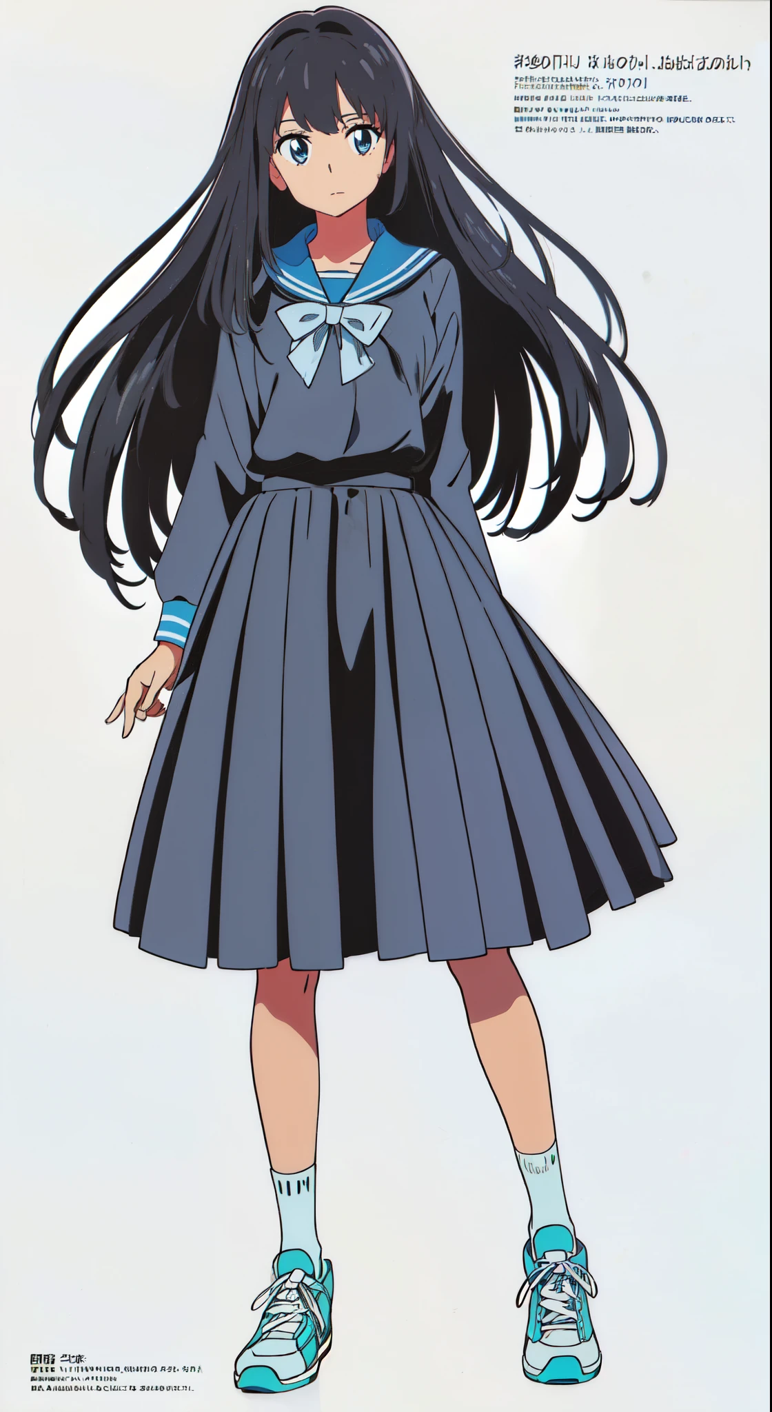 (best quality:1.0), (a 15yo cute girl:1.0), (white background:1.0), (best quality:1.0), (masterpiece:1.0), (super fine illustration:1.0), (beautiful artwork:1.0), (anime screencap:1.0), (official art:1.0), (full body:1.0), (solo:1.0), (a 15yo cute girl:1.0), (long skirt:1.0), (dark blue skirt:1.0), (pleated skirt:1.0), (dark blue sailor uniform:1.0), (long sleeve sailor uniform:1.0), (sneakers:1.0), (white socks:1.0), (ideal ratio body proportions:1.0), (lanky:1.0), (tall:1.0), (slender:1.0), (small breasts:1.0), (smaller face:1.0), (tareme:1.0), (detailed beautiful eyes:1.0), (detailed beautiful face:1.0), (glowing black eyes:1.0), (medium hair:1.0), (black hair:1.0), (standing:1.0), (looking at viewer:1.0)