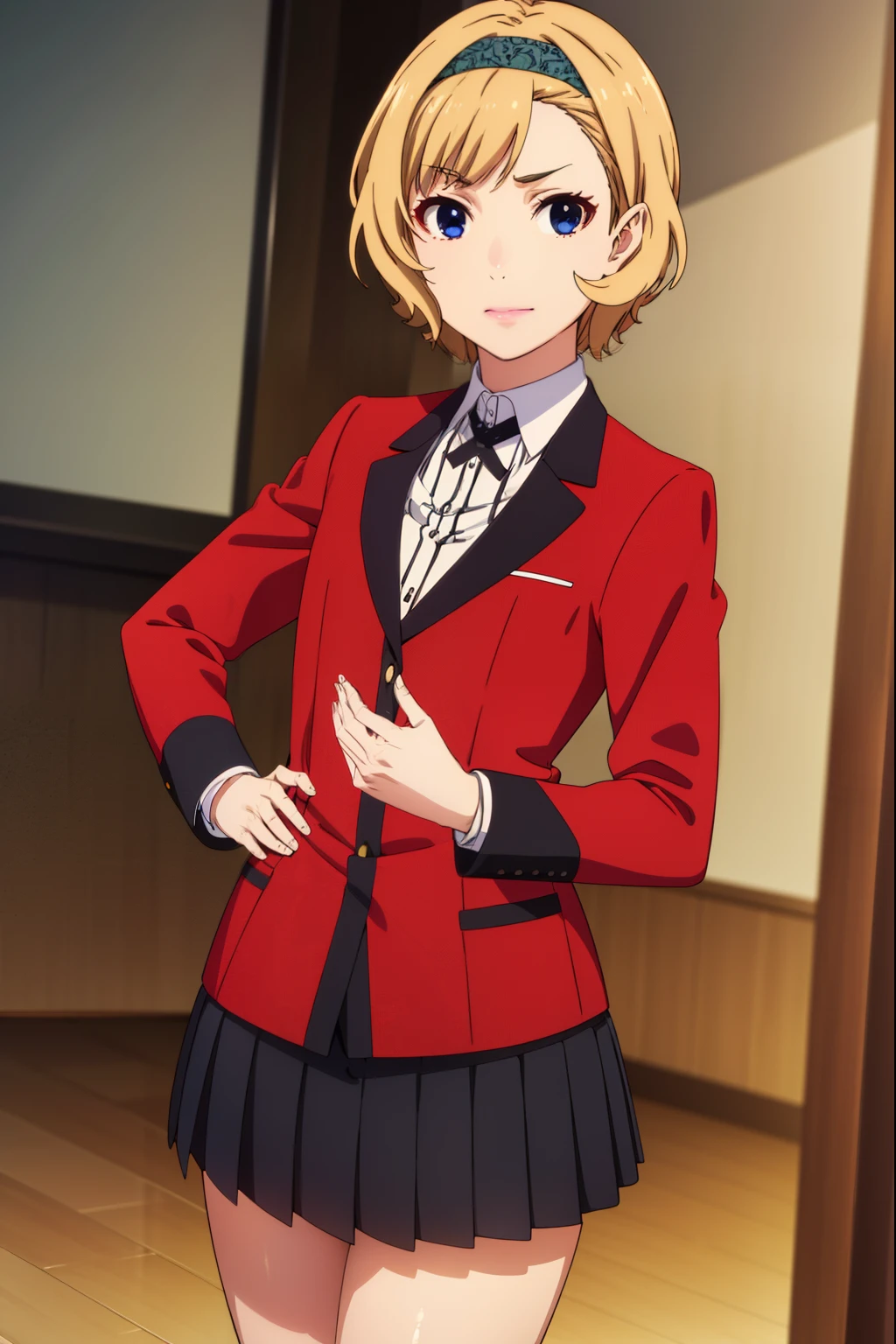 itsukisumeragi, itsuki sumeragi, short hair, blue eyes, blonde hair, braid, hairband, smile,
BREAK skirt, shirt, school uniform, jacket, white shirt, pleated skirt, collared shirt, black skirt, blazer, (red jacket:1.5),
BREAK indoors, classroom,
BREAK looking at viewer, (cowboy shot:1.5),
BREAK (masterpiece:1.2), best quality, high resolution, unity 8k wallpaper, (illustration:0.8), (beautiful detailed eyes:1.6), extremely detailed face, perfect lighting, extremely detailed CG, (perfect hands, perfect anatomy),