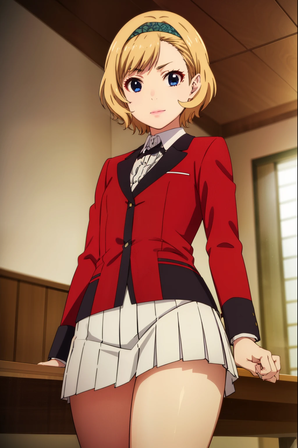 itsukisumeragi, itsuki sumeragi, short hair, blue eyes, blonde hair, braid, hairband, smile,
BREAK skirt, shirt, school uniform, jacket, white shirt, pleated skirt, collared shirt, black skirt, blazer, (red jacket:1.5),
BREAK indoors, classroom,
BREAK looking at viewer, (cowboy shot:1.5),
BREAK (masterpiece:1.2), best quality, high resolution, unity 8k wallpaper, (illustration:0.8), (beautiful detailed eyes:1.6), extremely detailed face, perfect lighting, extremely detailed CG, (perfect hands, perfect anatomy),