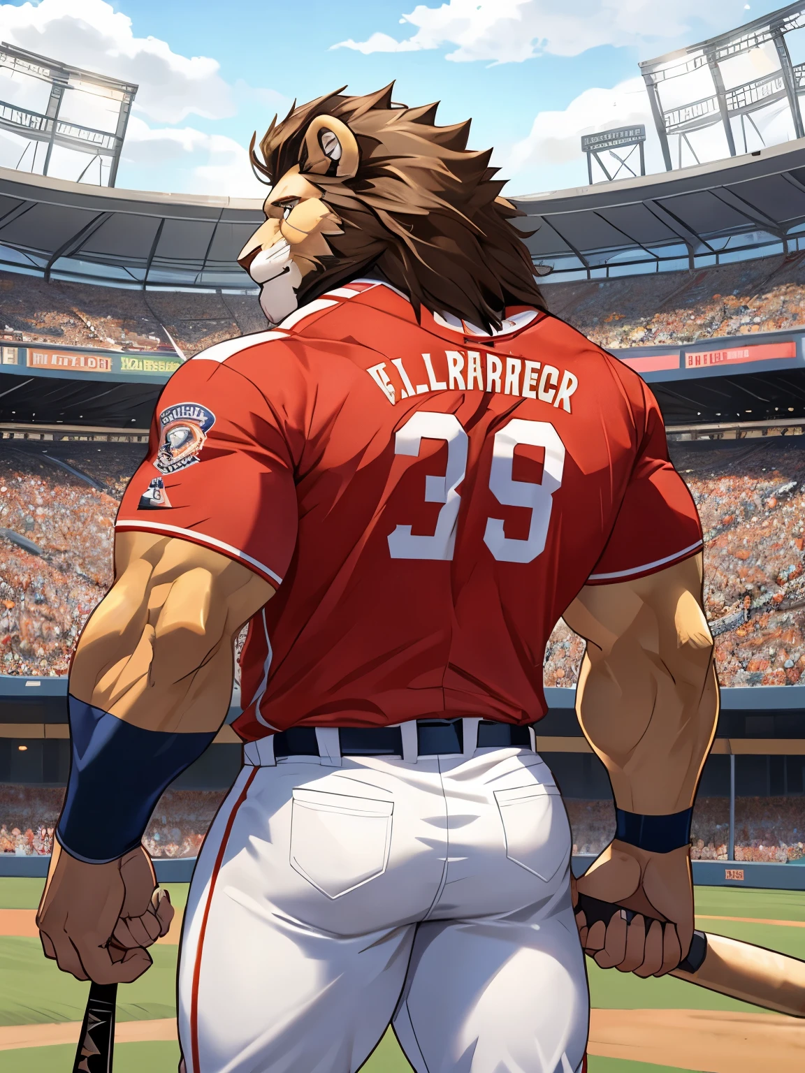 Lion, good looking, male, anthro, baseball uniform, ultradetailed, muscular, solo, bareness, rippling muscles, muscles, stadium background, baseball bat, rear view, tail
