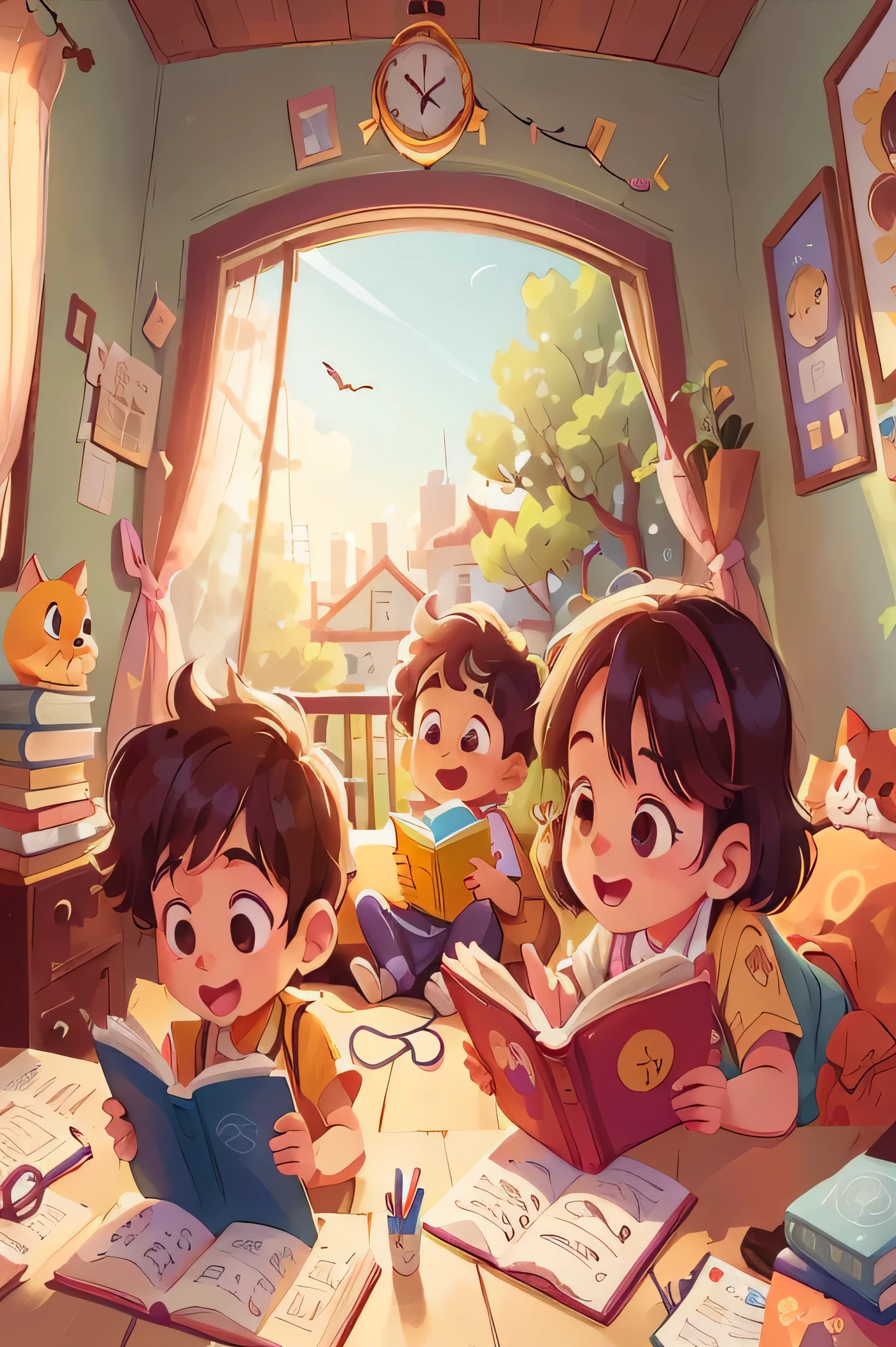 cartoon children reading books in a room with a clock and a window, kids book illustration, children book illustration, colorful kids book illustration, by Kim Jeong-hui, children's book illustration, children’s book illustration, cute storybook illustration, childrenbook illustration, childrens book illustration, story book illustration, by jeonseok lee, by Jang Seung-eop