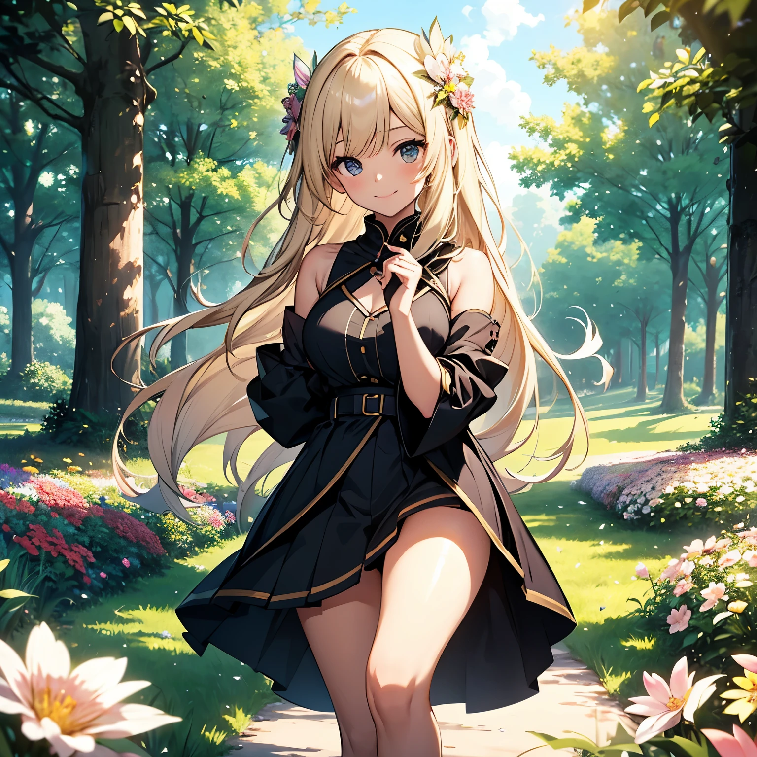 A picturesque anime landscape unfolds before our eyes, showcasing a radiant sun. In this idyllic setting, a captivating girl with lustrous blonde-white hair beams with a warm smile, her delicate shoulders and legs are exposed. The image quality is unparalleled, captured in stunning 8K resolution, providing unmatched clarity and vividness. Expert lighting techniques flawlessly highlight the girl's flawless complexion, while her eyes shimmer like twinkling stars. The vibrant colors of the landscape, from the lush greenery to the vibrant flowers, come alive in this masterpiece photograph. The girl's disheveled hair adds a touch of playfulness, contrasting beautifully against her glossy locks. The background has a big field of grass and flowers and some trees. young beautiful  having daily clothes on and smiling normally intothe camera