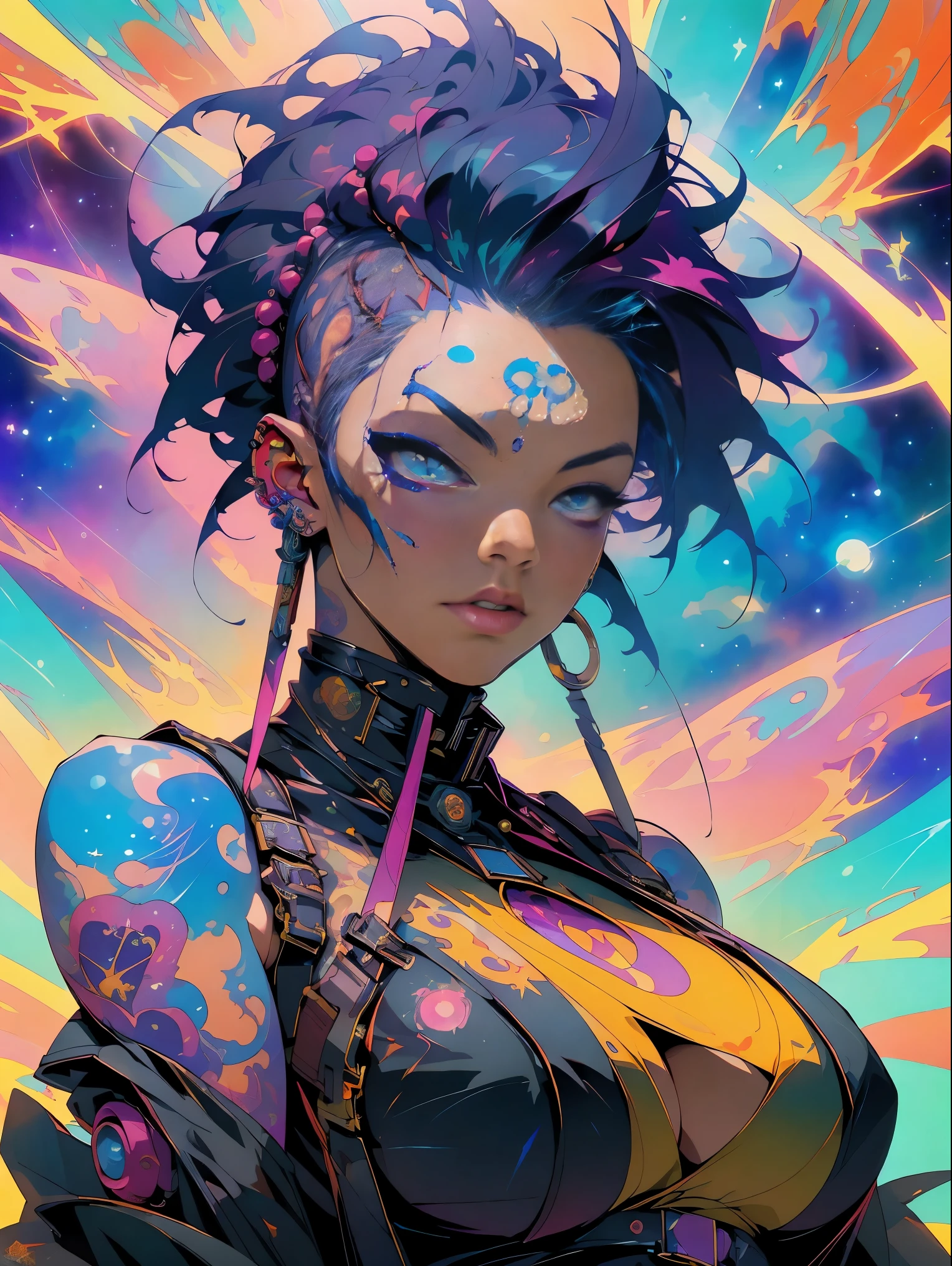 (masterpiece, top quality, best quality, official art, beautiful, cosmic, atmospheric, psychedelic, dreamlike and aesthetic:1.2), (1girl, black punk rock mohawk hair, tons of tattoos and piercings, super huge enormously gigantic tits), extreme detailed,(fractal art:1.3),colorful,highest detailed, cherry blossoms and butterflies blowing in the wind