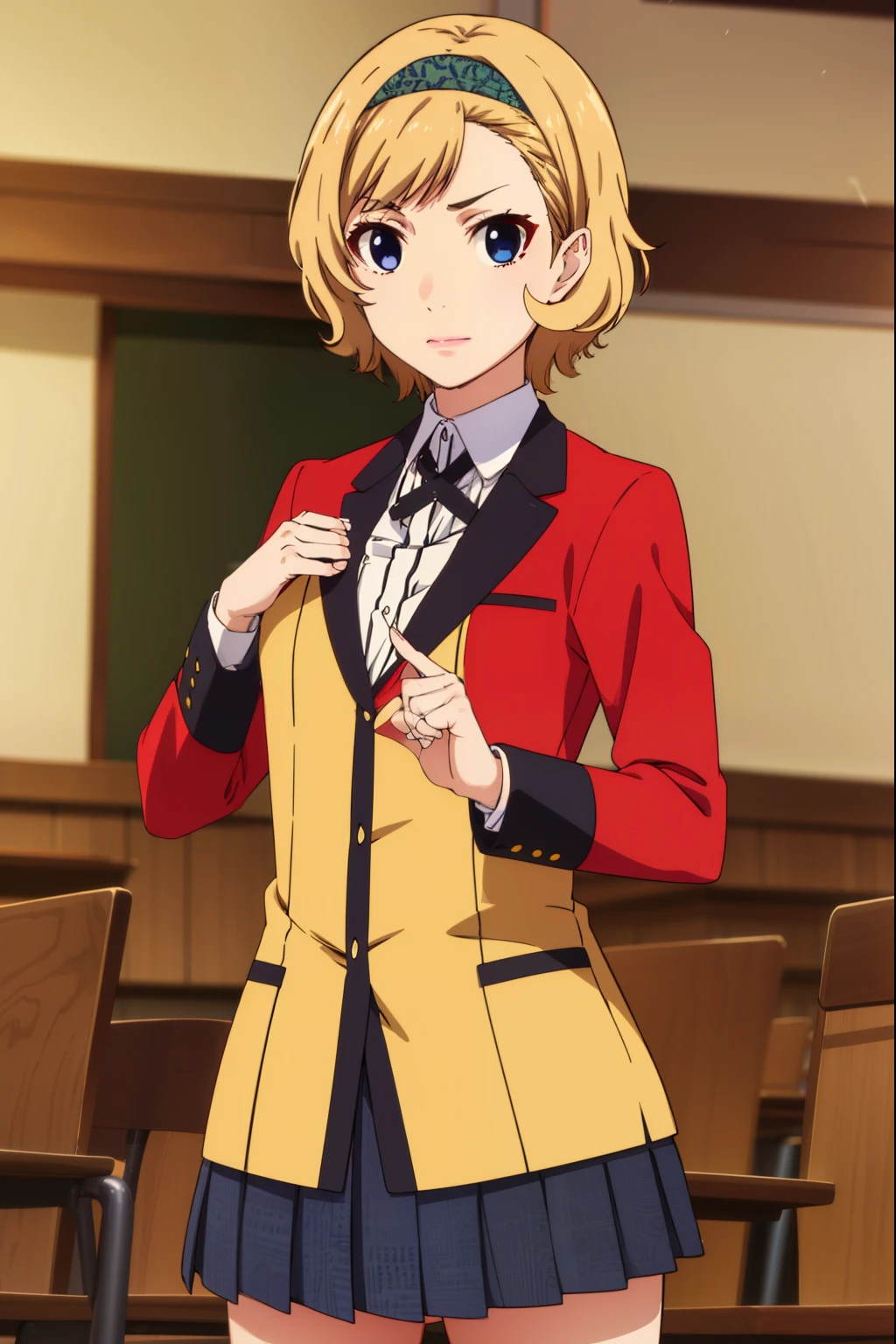 itsukisumeragi, itsuki sumeragi, short hair, blue eyes, blonde hair, braid, hairband, smile,
BREAK skirt, shirt, school uniform, jacket, white shirt, pleated skirt, collared shirt, black skirt, blazer, (red jacket:1.5),
BREAK indoors, classroom,
BREAK looking at viewer, (cowboy shot:1.5),
BREAK (masterpiece:1.2), best quality, high resolution, unity 8k wallpaper, (illustration:0.8), (beautiful detailed eyes:1.6), extremely detailed face, perfect lighting, extremely detailed CG, (perfect hands, perfect anatomy),