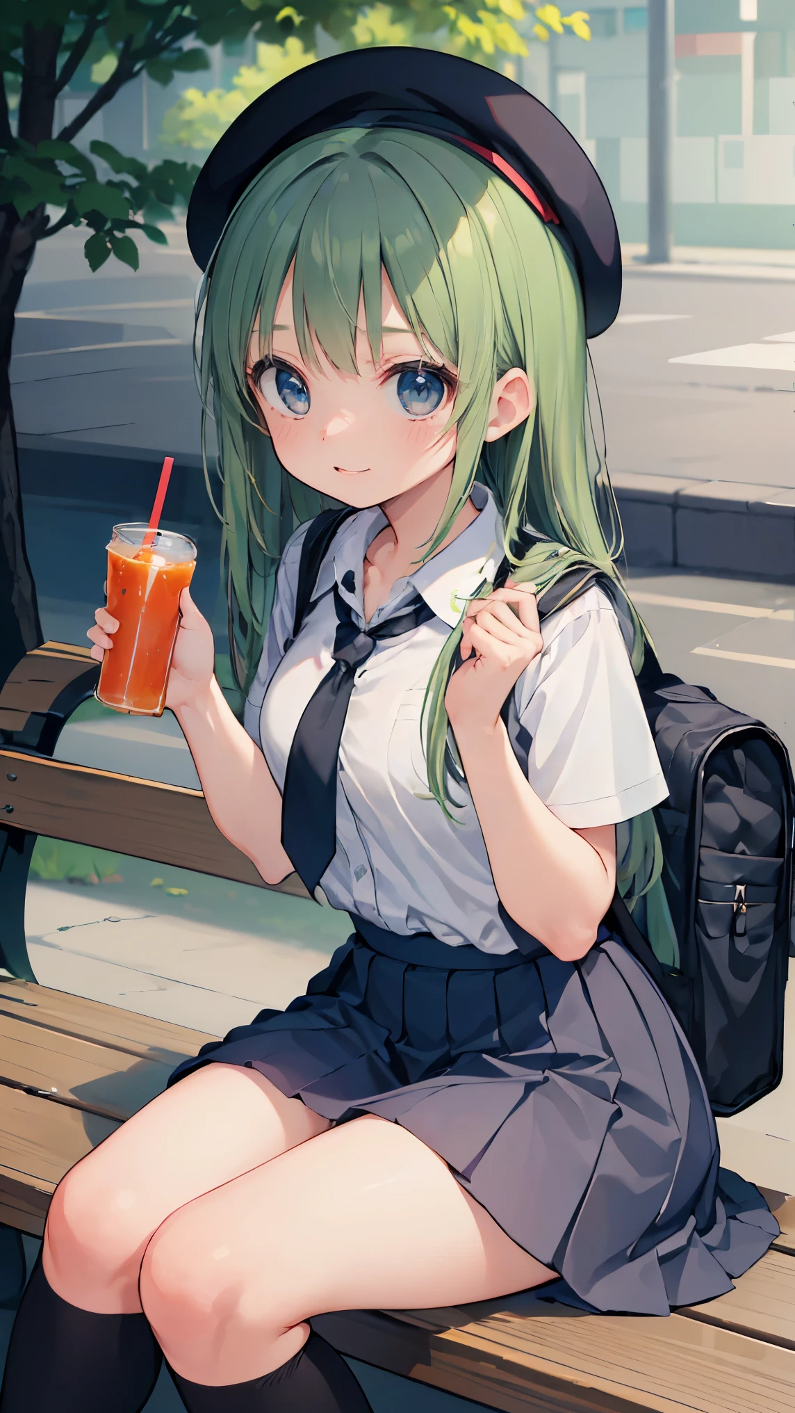 (masterpiece, highest quality), High resolution, detailed face:1.2, anime(1.2), sharpness, 4K, woman posing for a photo, Flustered face, upset, open your mouth, long hair, green hair, straight hair, fine skin, beautiful hands, Beautiful fingers, Wearing a beret, tie, long sleeve blouse, cardigan, pleated skirt, school bag, thighs, Absolute area, knee socks, thighsに手を入れる, during the day, hot summer day, School, schoolyard, sitting on the bench, Canned juiceを持つ, natural lighting, sharp focus, hasselblad photography, cinematic lighting, whole body, Canned juice,