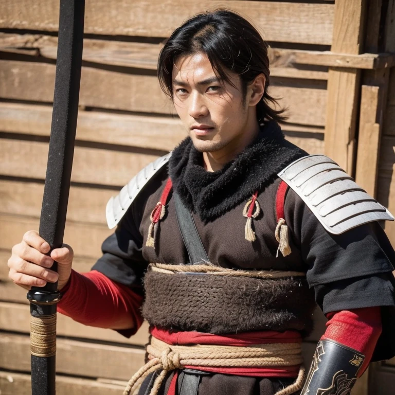 Japanese male samurai, 30 years old, large body, big muscles, slightly hairy, black hair, six pack, body full of wounds, sweaty, tanned skin, dirt, wearing old red and black traditional Japanese armor. , holding a katana, in the middle of the battlefield, Shikoku, fighting stance