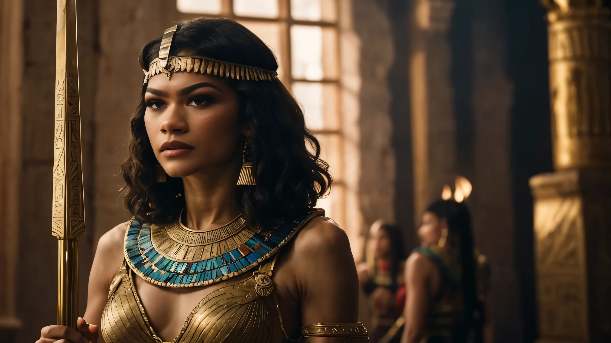 zendaya portrayed as Cleopatra, training fight with a wooden sword in a room of his palace in ancient Egypt,,phothotorealistic scene, dramatic, cinematic, 4k resolution, hyperdetailed, dramatic scene, full body angle view, front view