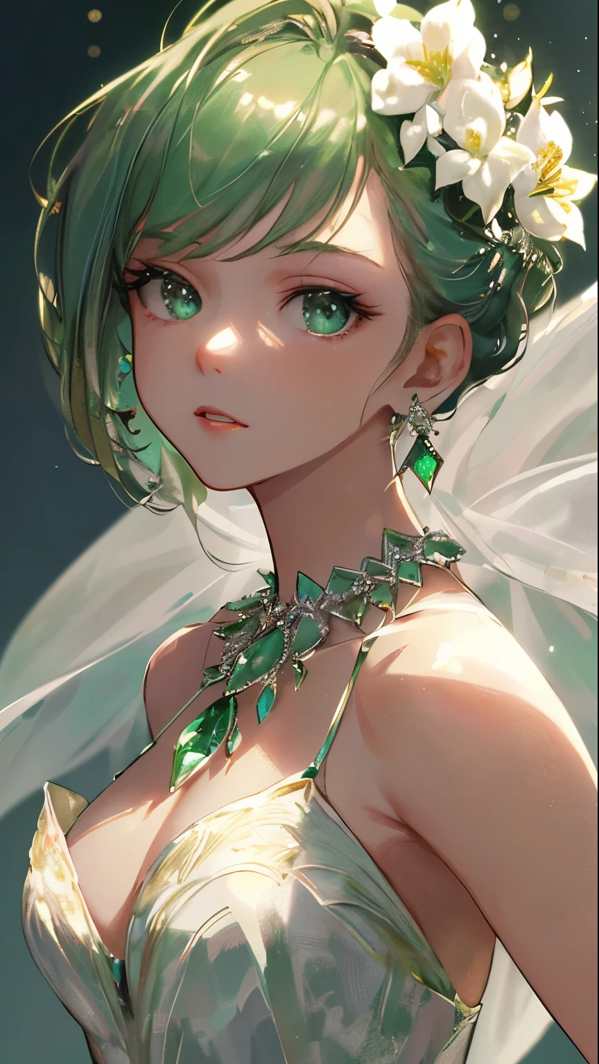 masterpiece, highest quality, figure, green, platinum earrings, Platinum Necklace, white dress, 1 girl, cute, (dynamic lighting:1.2), cinematic lighting, delicate features, fine eyes, sharp pupils, good shape big breasts, realistic student, Depth of bounds written, Bokeh, sharp focus, (very detailed, bloom, shine:1.4), Many Small Gems