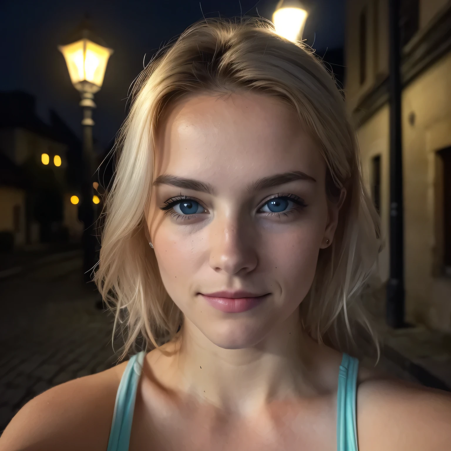 (Selfie, Plan: 1.4), (Right half of the body: 1.4), RAW UHD portrait photo of a 24-year-old blonde (Femme aux yeux bleus) Marcher dans une ruelle sombre, gros seins,, Ville la nuit, (rocher), (Encolure), specifics (Tissu! , Cheveux! , Briller, Couleur!! , disadvantages: 1.1), Bright eyes with a high level of detail (staring into the camera), SLR lighting, Appareil photo reflex mono-objectif, ultra quality, re sharpness, profondeur de champ, Filmkorn (Milieu), Fujifilm XT3, Limpide, Rahmenmitte, beau visage, mise au point nette, street lamp, Neonbeleuchtung, Bokeh (dimly lit), Nuit, (Ciel nocturne), Detailed skin pores, peau grasse, Coup de soleil, Complex eyesDetails, corps entier entier, gros seins