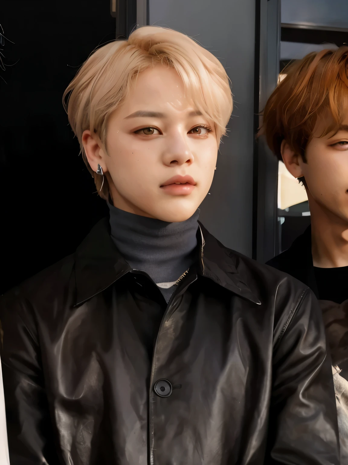 park jimin vestido com jaqueta de couro branco, Parque Jimin'the right eyelid is swollen, Parque Jimin with full lips, Jimin, accurate Parque Jimin face, Parque Jimin, Jimin\o nariz grego, bonito principe, taken at the beginning of 2020, ele tem cabelos loiros claros, Hyung Jimin, com o mesmo penteado, park jimin vestindo uma jaqueta preta, BTS