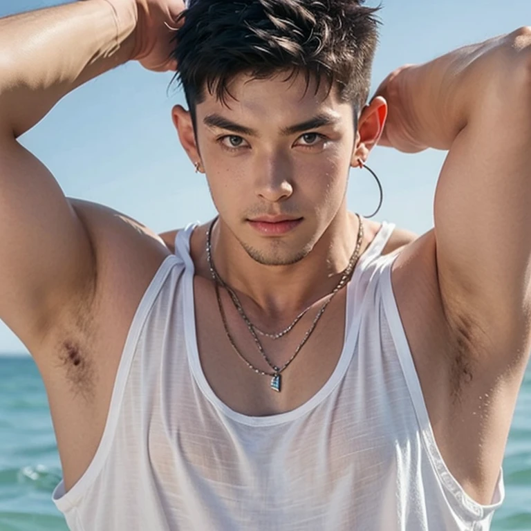 Japanese male male model, big muscles, handsome, pierced ears, necklace, wearing a thin tank top, portrait photography, photoshoot, dynamic pose, summer, sea, sunny
