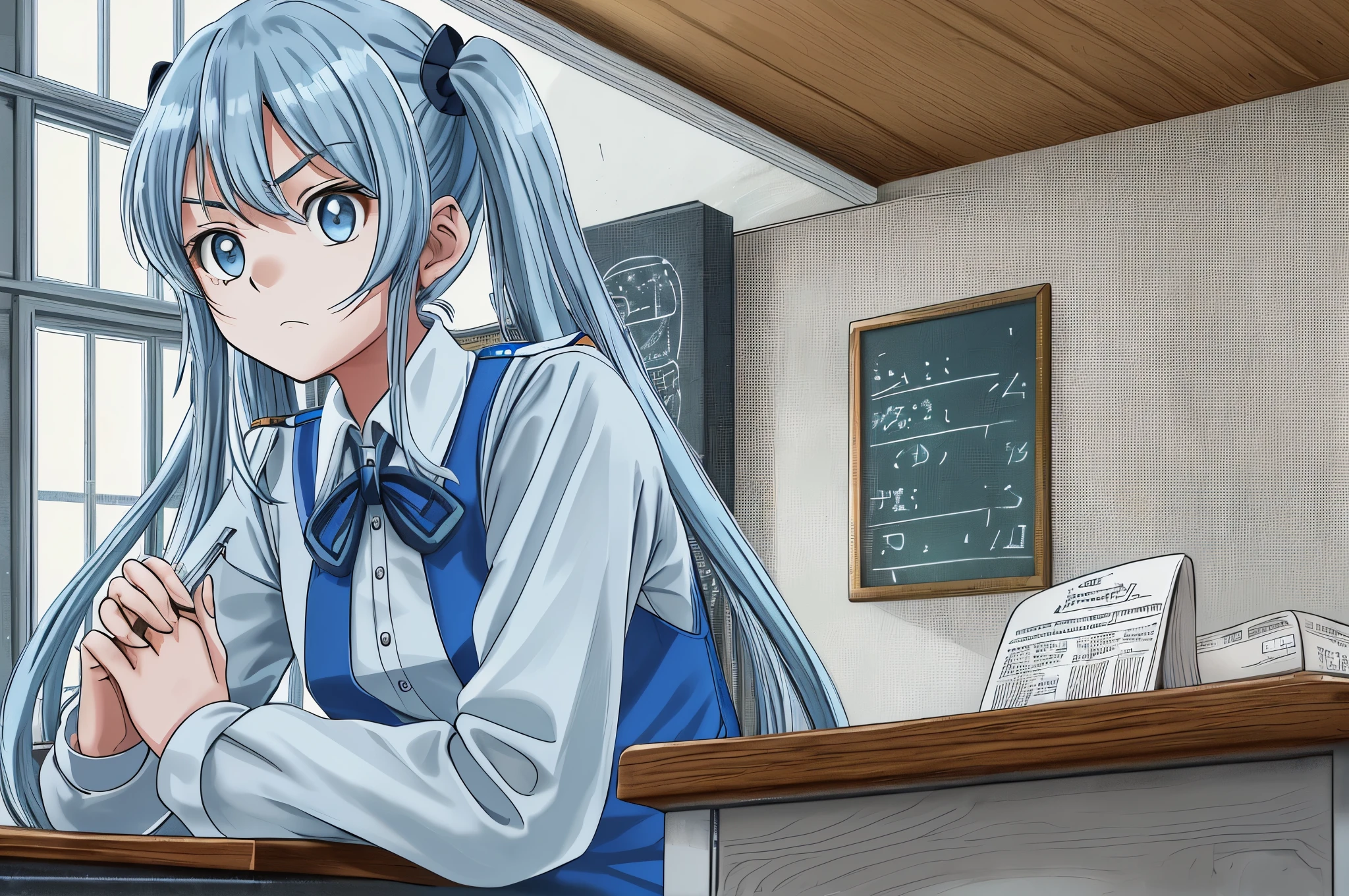 ((best quality)), light blue long hair Beautiful girl with twin tails Wearing a light blue uniform,Take a seat in the class,Place your hands parallel to the table,Heading into the test with a serious face bring your face closer,(master piece),