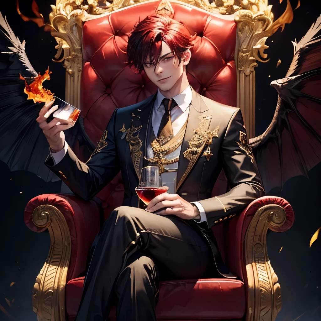 (8K, highest quality, masterpiece:), Lucifer Morningstar, masculine british male angel, naughty smile, Fiery wings, devil, fall angel, Flames in the background, detailed, dark suit, Club Theme, 1:1 ratio, Sit on the throne and drink whiskey, detailed, realistic,hair color is red-black,Eye color is red