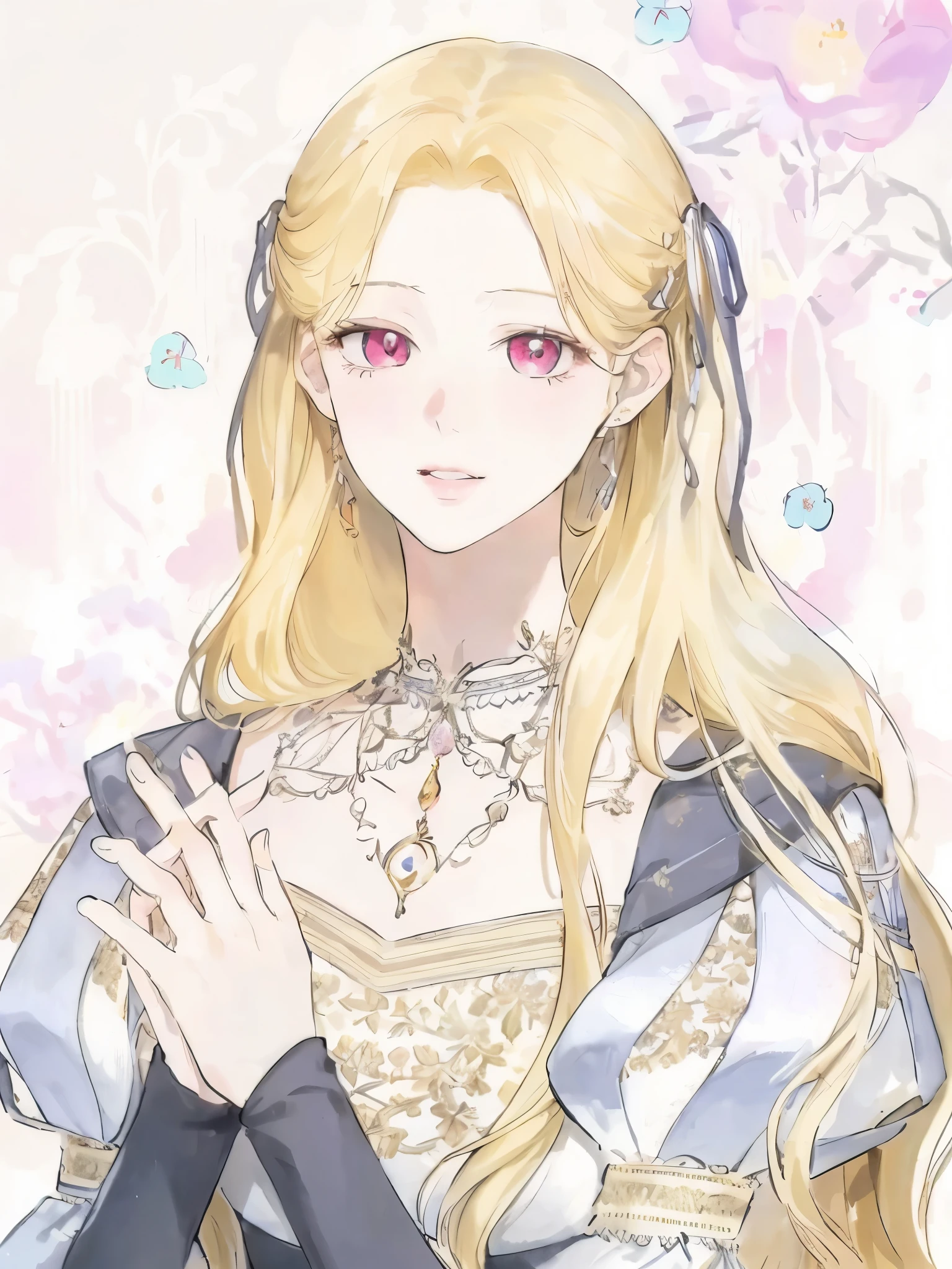 masterpiece, best quality, an extremely delicate and beautiful girl,an extremely delicate and beautiful, world masterpiece theater, ultra-detailed, highly detailed, best quality, blonde hair, highres, extremely detailed,1girl, best quality, illustration, looking at viewer, impasto, canvas, oil painting, realistic, realist ,real, pink eyes, long hair , straight hair. Vintage outfit