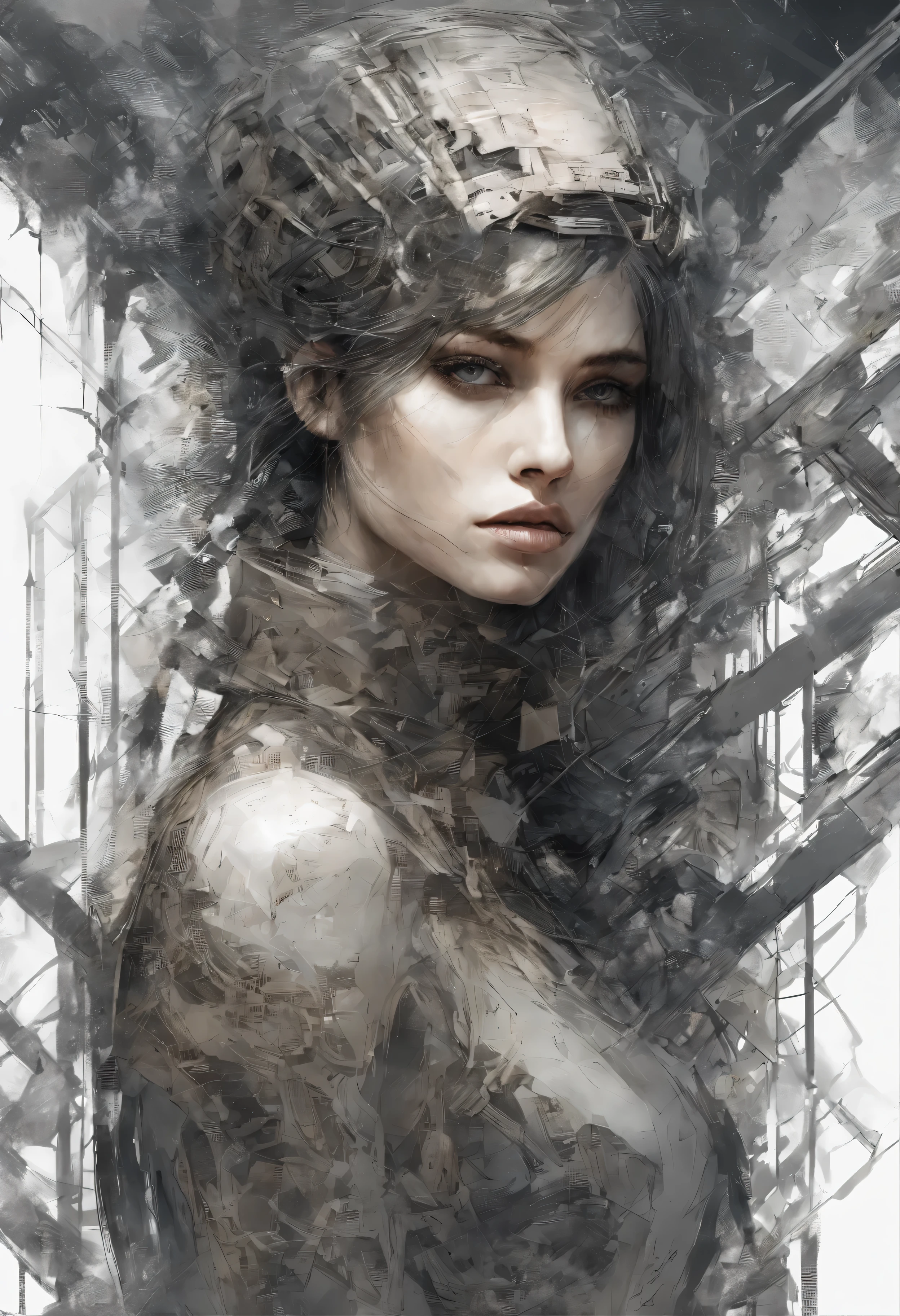 Centralisation parfaite,, Position debout, abstract beauty, centered, looking at the camera, facing camera, Proche de la perfection, dynamique, highly detailed, lisse, mise au point nette, 8k, High definition resolution, illustration, illustrations de Carne Griffiths et Wadim Kashin, fond blanc, cyber woman