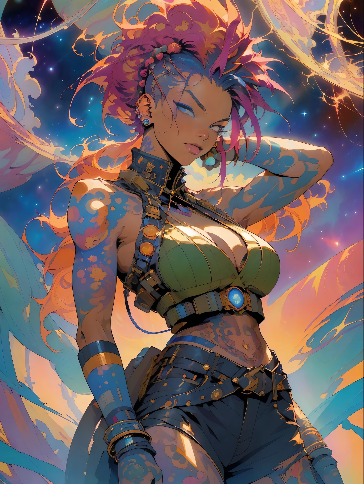 (masterpiece, top quality, best quality, official art, beautiful, cosmic, atmospheric, psychedelic, dreamlike and aesthetic:1.2), (1girl, caramel-colored punk rock mohawk hair, tons of tattoos and piercings, super huge enormously gigantic tits), extreme detailed,(fractal art:1.3),colorful,highest detailed, cherry blossoms and butterflies blowing in the wind 