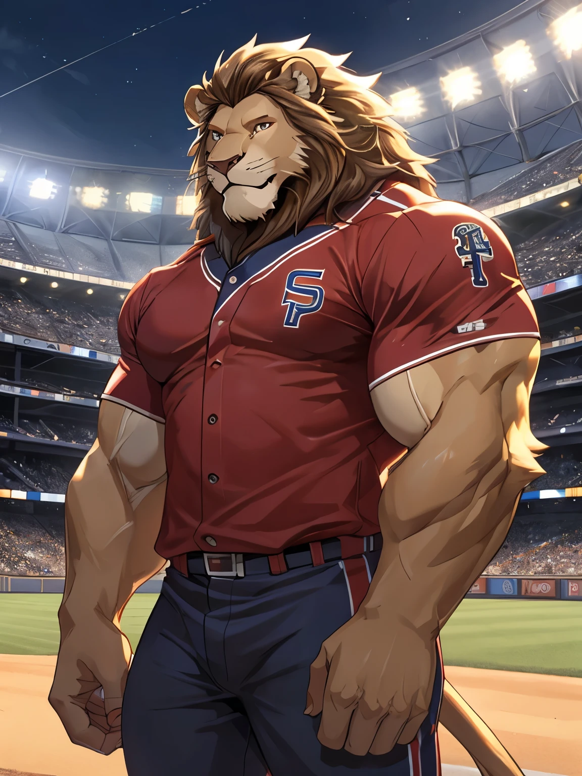 Lion, good looking, male, anthro, baseball uniform, ultradetailed, muscular, solo, bareness, rippling muscles, muscles, stadium background,