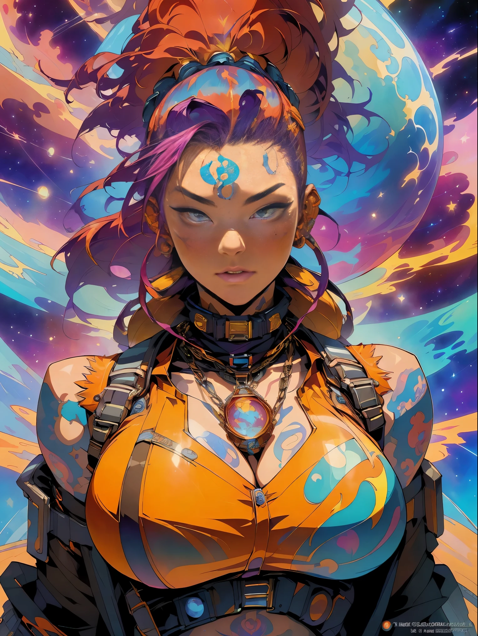 (masterpiece, top quality, best quality, official art, beautiful, cosmic, atmospheric, psychedelic, dreamlike and aesthetic:1.2), (1girl, caramel-colored punk rock mohawk hair, tons of tattoos and piercings, super huge enormously gigantic tits), extreme detailed,(fractal art:1.3),colorful,highest detailed, cherry blossoms and butterflies blowing in the wind 