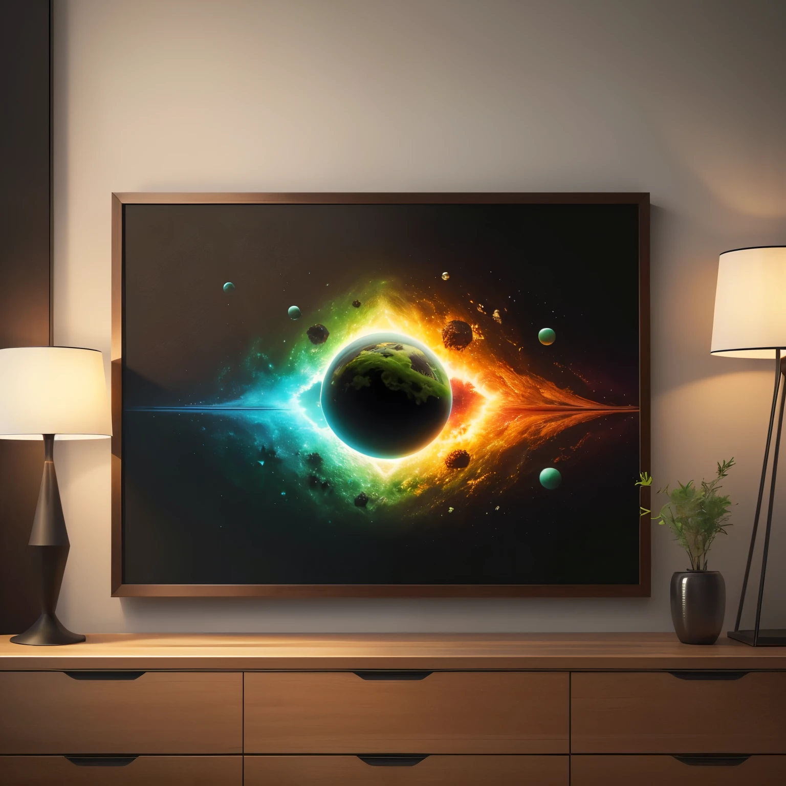 ((best quality)), ((masterpiece)), (detailed), Midjourney Style, close-up,Living room Art,Wall Art, digital art,small size, Create a wall frame mockup featuring five square artworks with a dark-themed universe topic. The mockup should showcase a captivating arrangement of green universe art on , wall art. Use sleek frames and experiment with asymmetrical yet balanced placements. Deliver a high-resolution image or digital file that represents the mockup realistically.