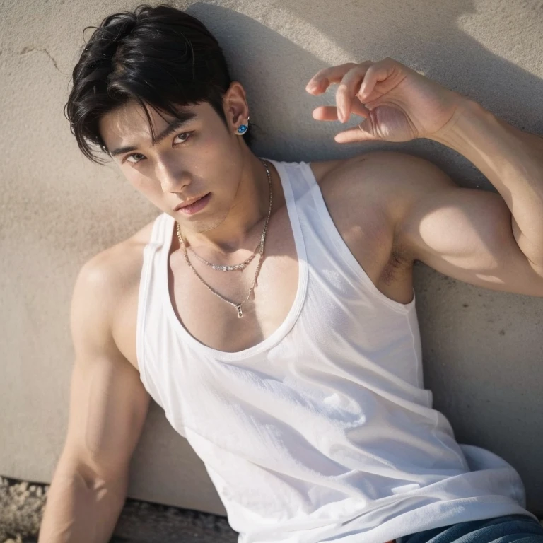 Japanese male male model, big muscles, handsome, pierced ears, necklace, wearing a thin tank top, portrait photography, photoshoot, dynamic pose, summer, sea, sunny
