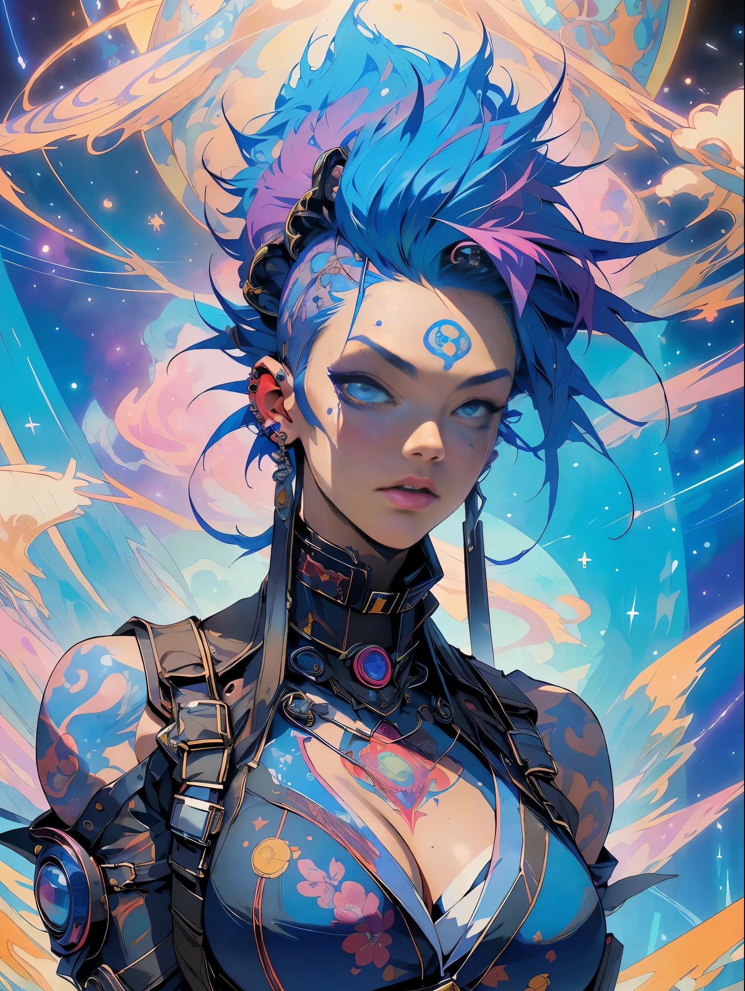 (masterpiece, top quality, best quality, official art, beautiful, cosmic, atmospheric, psychedelic, dreamlike and aesthetic:1.2), (1girl, blue punk rock mohawk hair, tons of tattoos and piercings, super huge enormously gigantic tits), extreme detailed,(fractal art:1.3),colorful,highest detailed, cherry blossoms and butterflies blowing in the wind