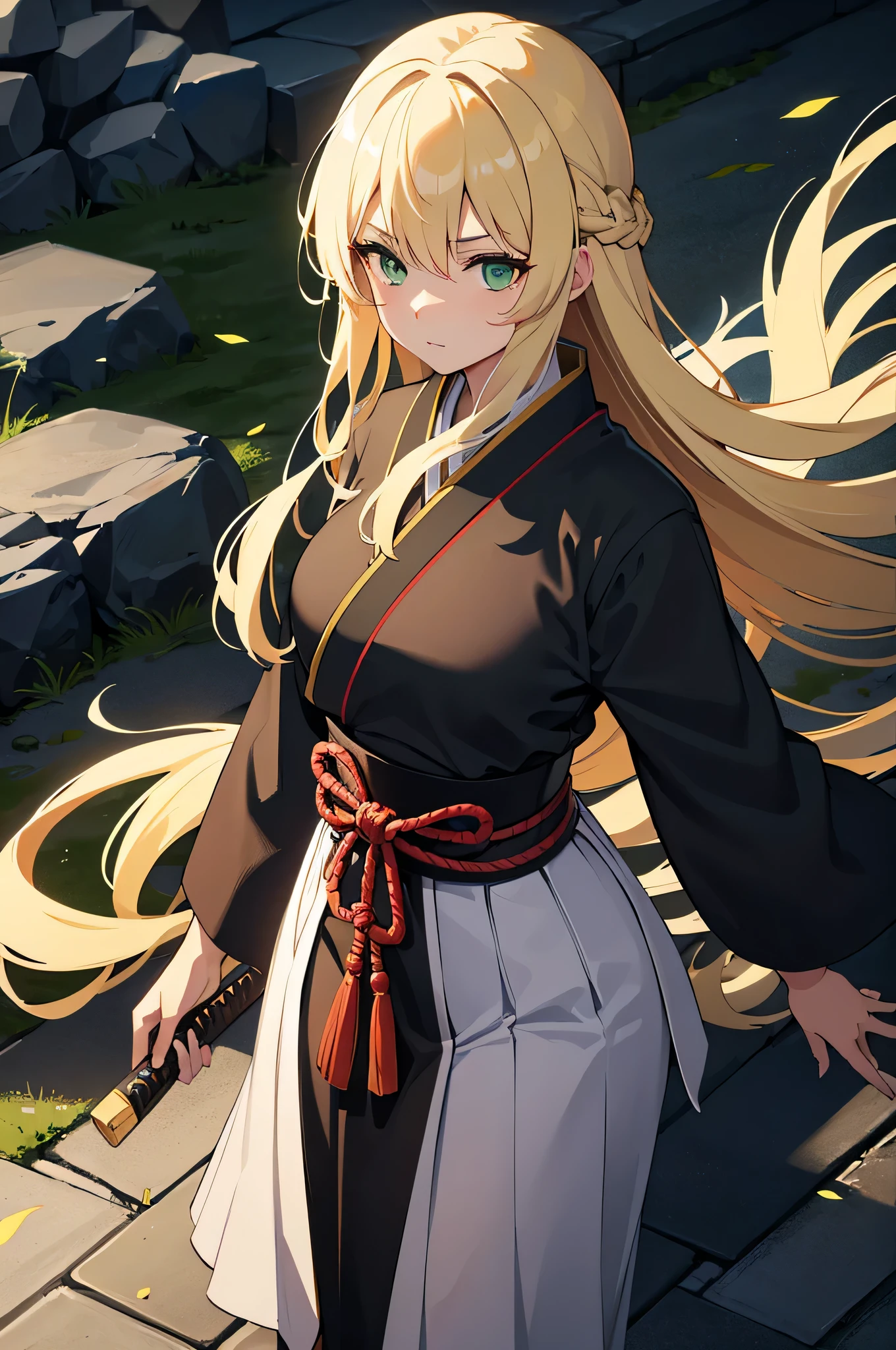 4K,High resolution,one woman,white yellow hair,long hair,green eyes,warrior,白色のwarriorの鎧,Japanese sword,Plain color
