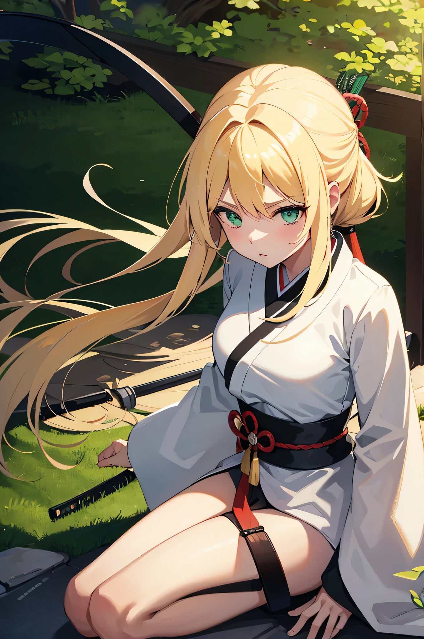 4K,High resolution,one woman,white yellow hair,long hair,green eyes,warrior,白色のwarriorの鎧,Japanese sword,Plain color