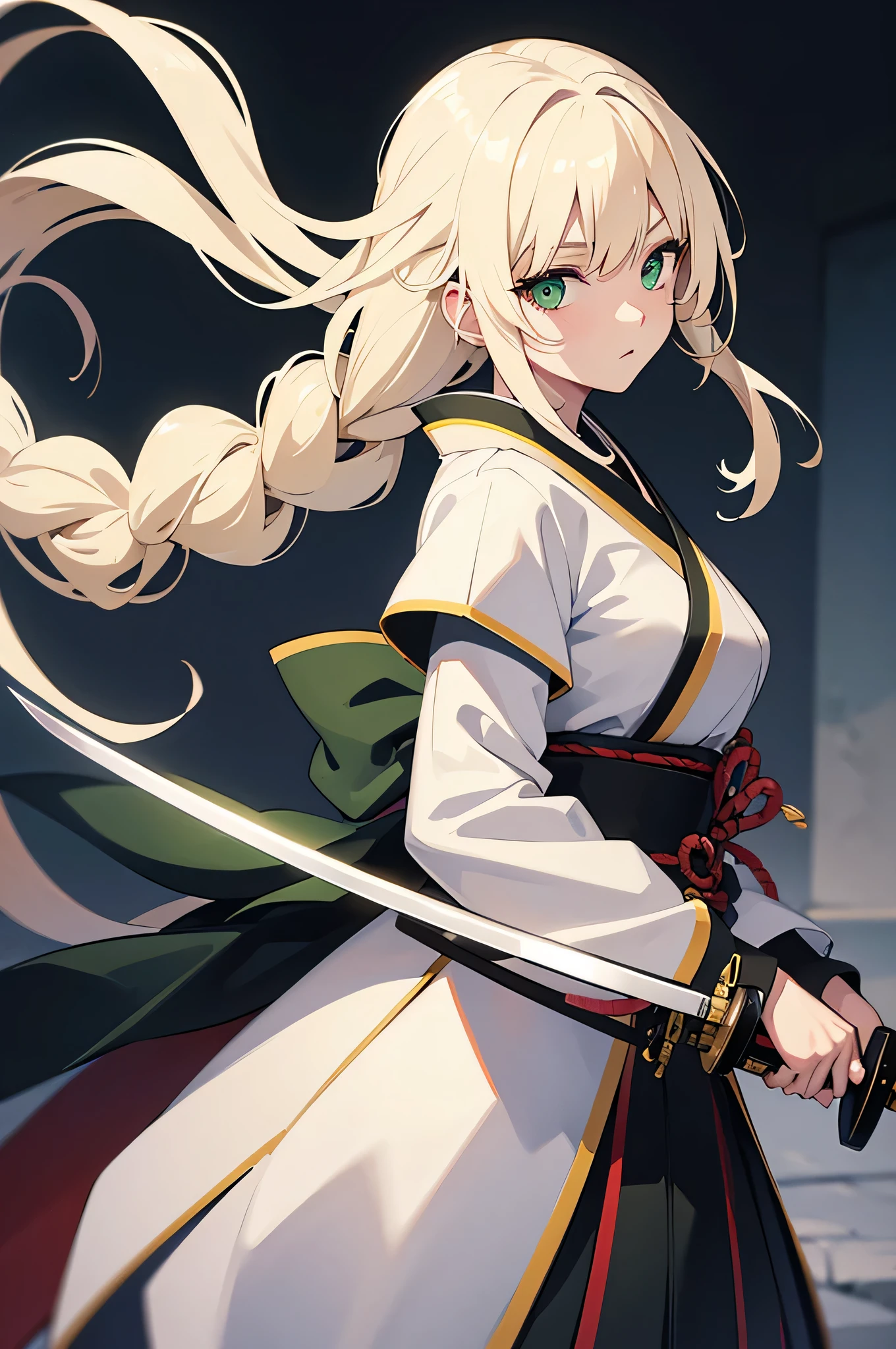 4K,High resolution,one woman,white yellow hair,long hair,Braid,green eyes,warrior,white armor,Japanese sword,Plain color