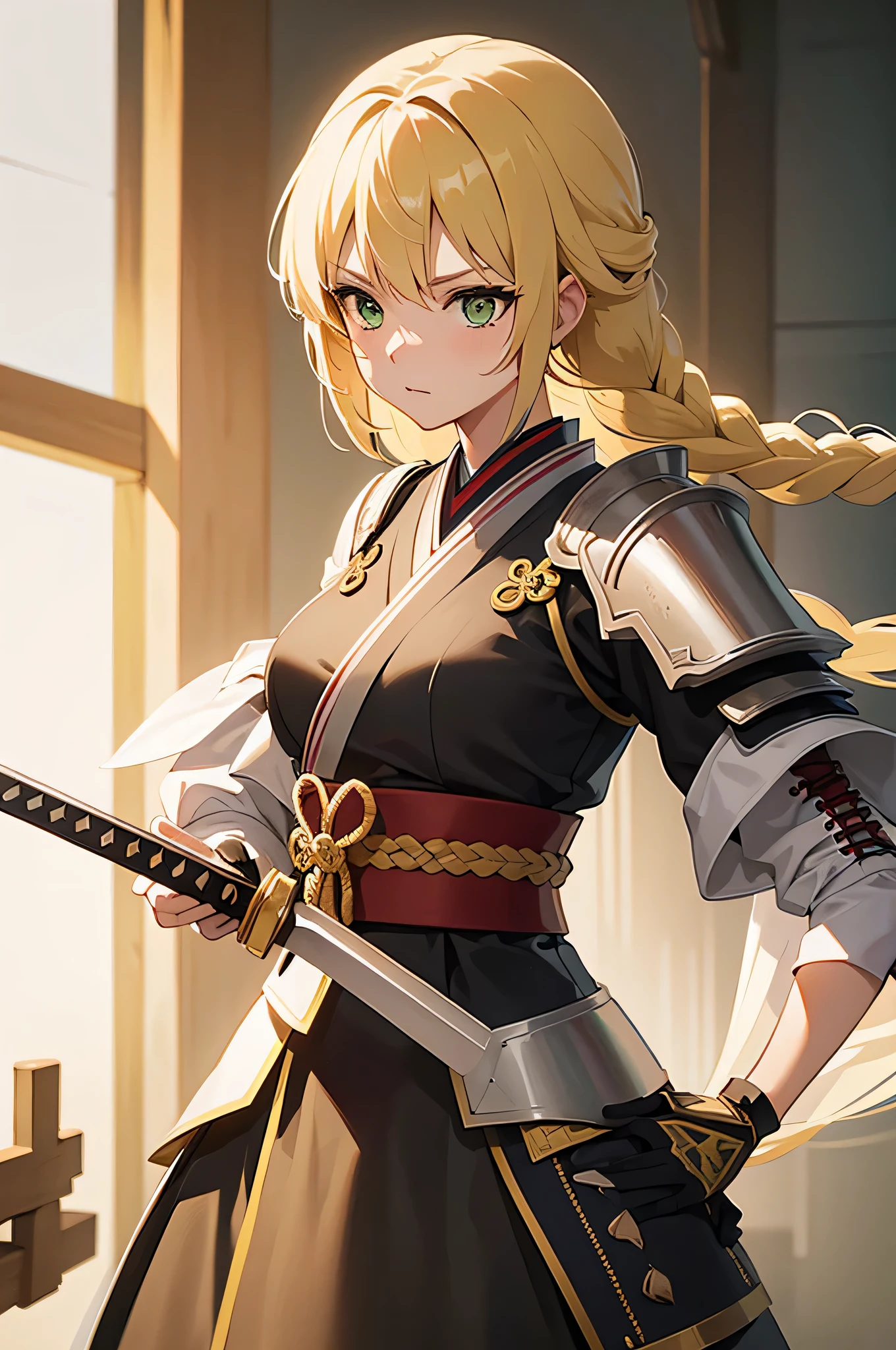 4K,High resolution,one woman,white yellow hair,long hair,Braid,green eyes,warrior,white armor,Japanese sword,Plain color