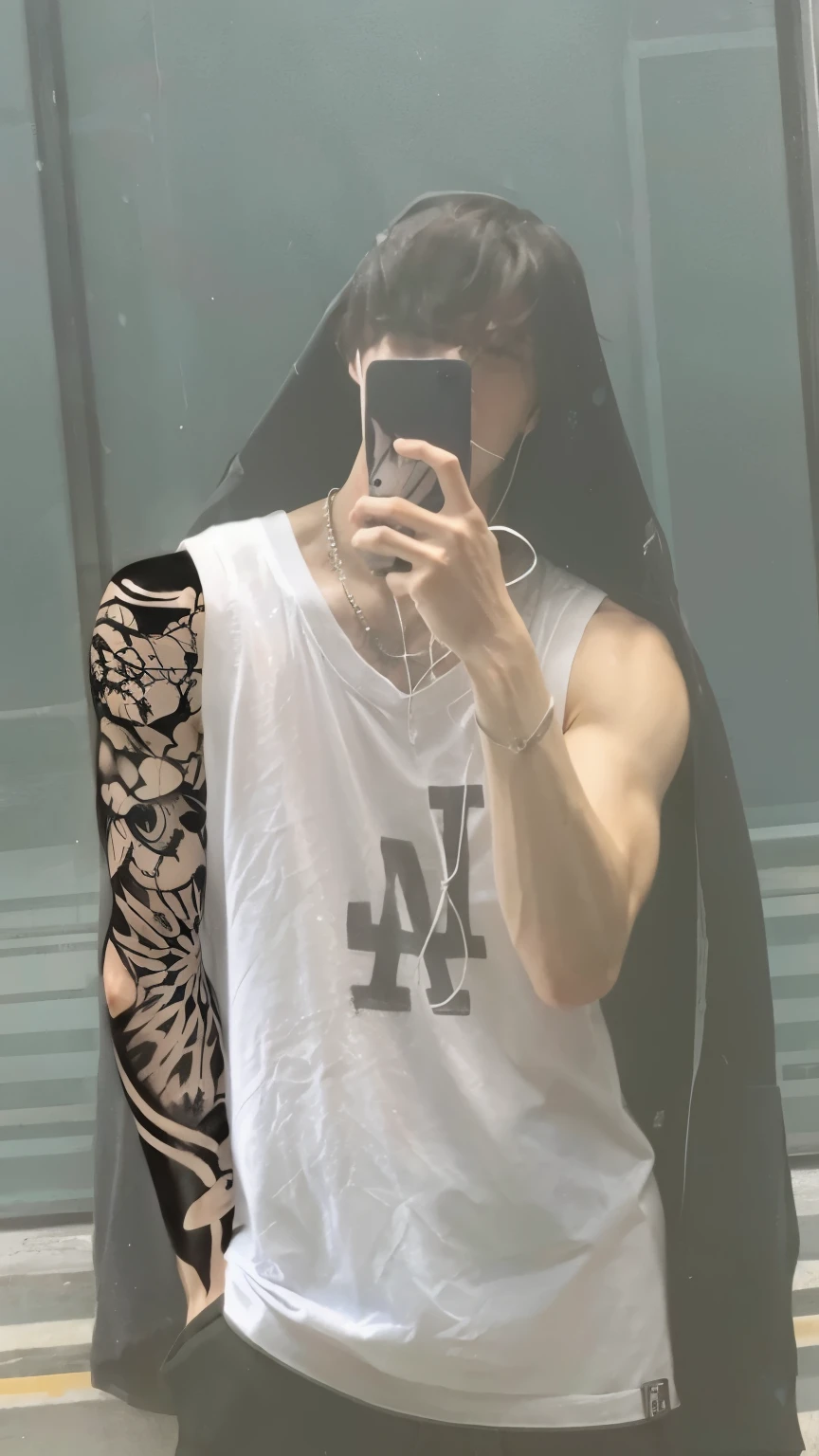 Arafed man in white shirt and black pants taking a selfie, Brazos cubiertos de tatuajes de pandillas., Brazos delgados, brazos alargados, pintar ulzzang, con un tatuaje de calamar en sus brazos, highly aesthetic, brazos detallados, cai xukun, muy estetico!!!!!!, Photograph of a tattoo on the sleeve, brazos muy largos, parte superior del cuerpo detallada, foto muy precisa