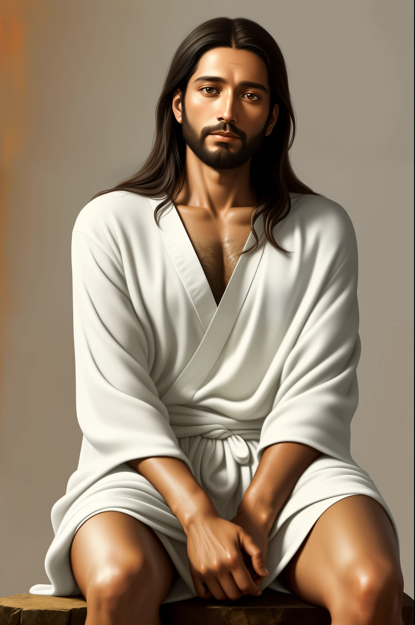 A realistic rendition of a tranquil and peace-filled Jesus' visage, exuding love, compassion, and wisdom.
30 years old, São Paulo-born, Humberto de Campos, seated, relaxed posture, shoulders broad, hands placed on knees, barefoot, wearing simple white robe, faithfully reproduced, detailed drawing, hyperrealism, oil painting, warm colors, luminous effect, sincere expression, devotional art, expressive eyes, highly textured, 4k.