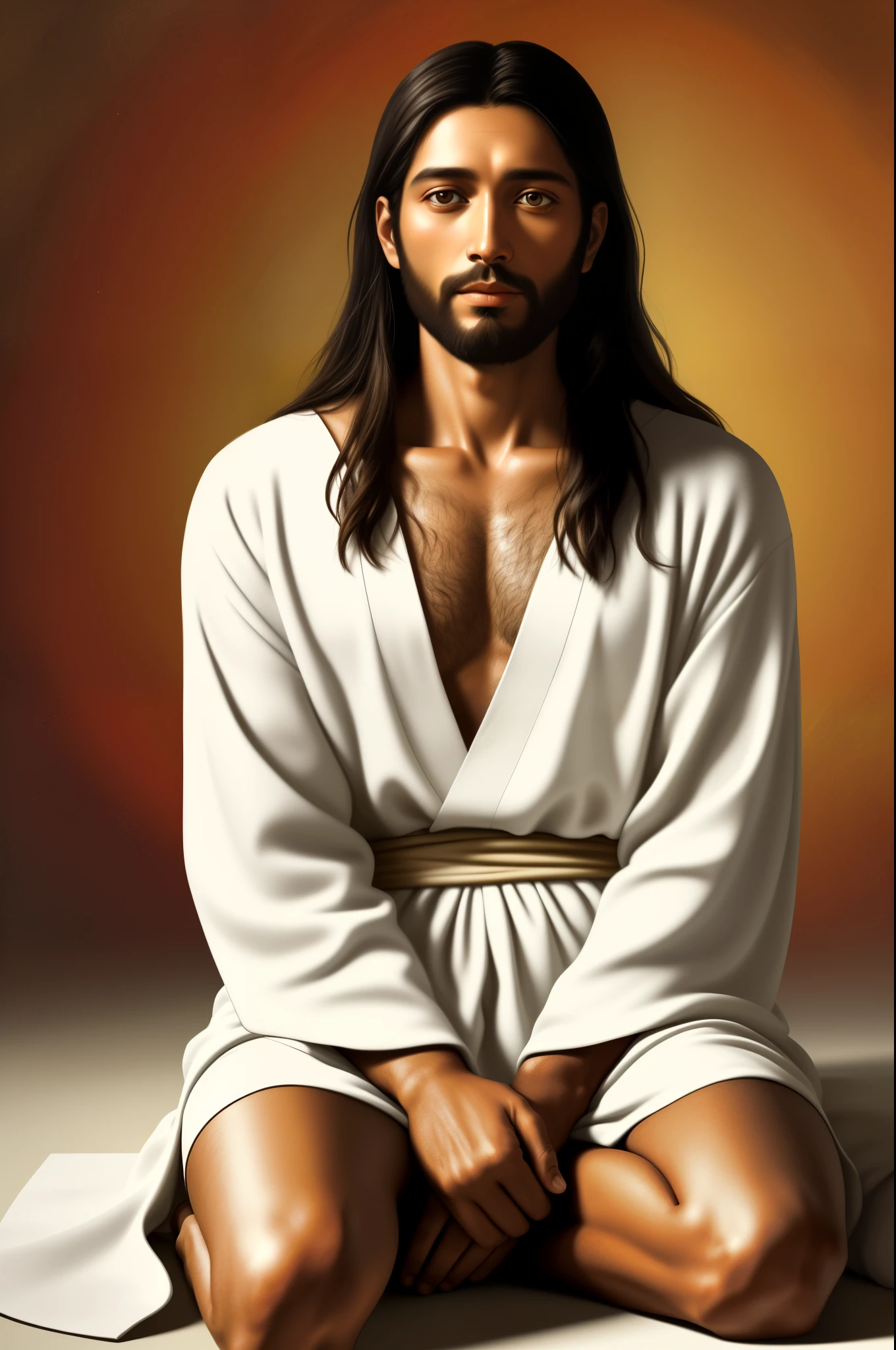 A realistic rendition of a tranquil and peace-filled Jesus' visage, exuding love, compassion, and wisdom.
30 years old, São Paulo-born, Humberto de Campos, seated, relaxed posture, shoulders broad, hands placed on knees, barefoot, wearing simple white robe, faithfully reproduced, detailed drawing, hyperrealism, oil painting, warm colors, luminous effect, sincere expression, devotional art, expressive eyes, highly textured, 4k.