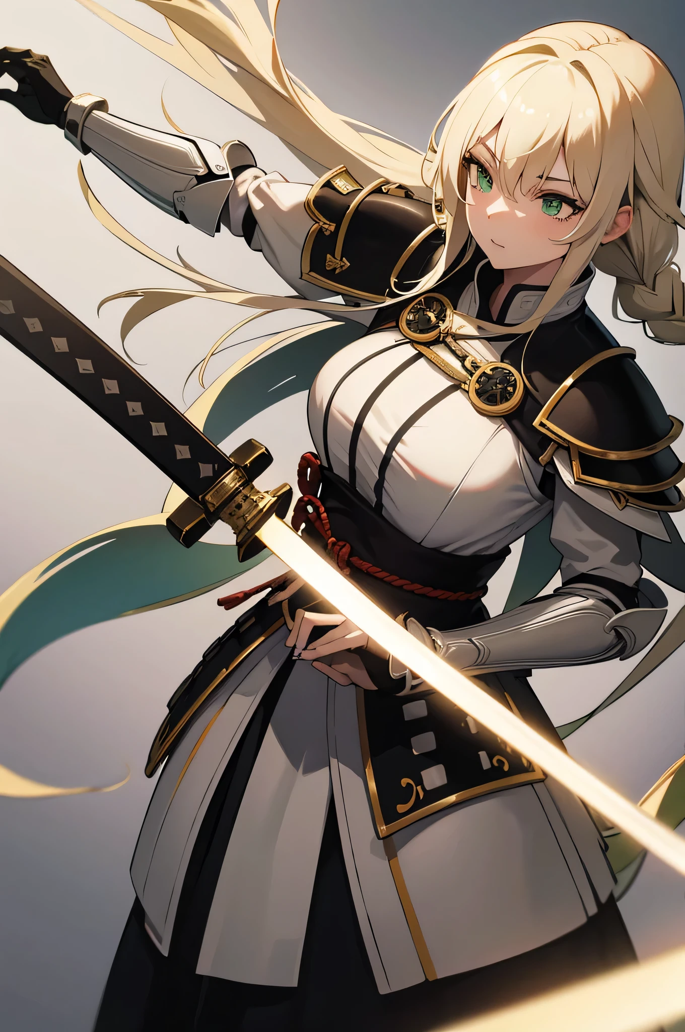 4K,High resolution,one woman,white yellow hair,long hair,Braid,green eyes,warrior,white armor,heavy armor,Japanese sword,Plain color