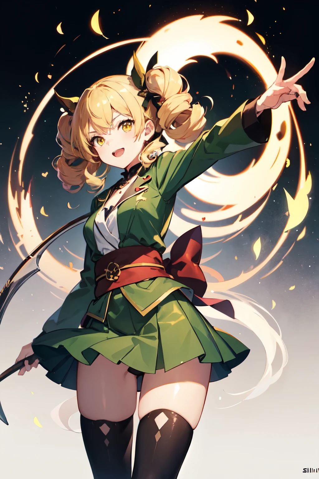 a girl with a bow and arrow in her hand, an anime drawing, inspired by Ike no Taiga, shin hanga, fantasy sticker illustration, [[[[grinning evily]]]], various posed,, ivy, 2 d render, (twin tail), (big curly blonde hair), yellow eyes, (green clothes), mini skirt