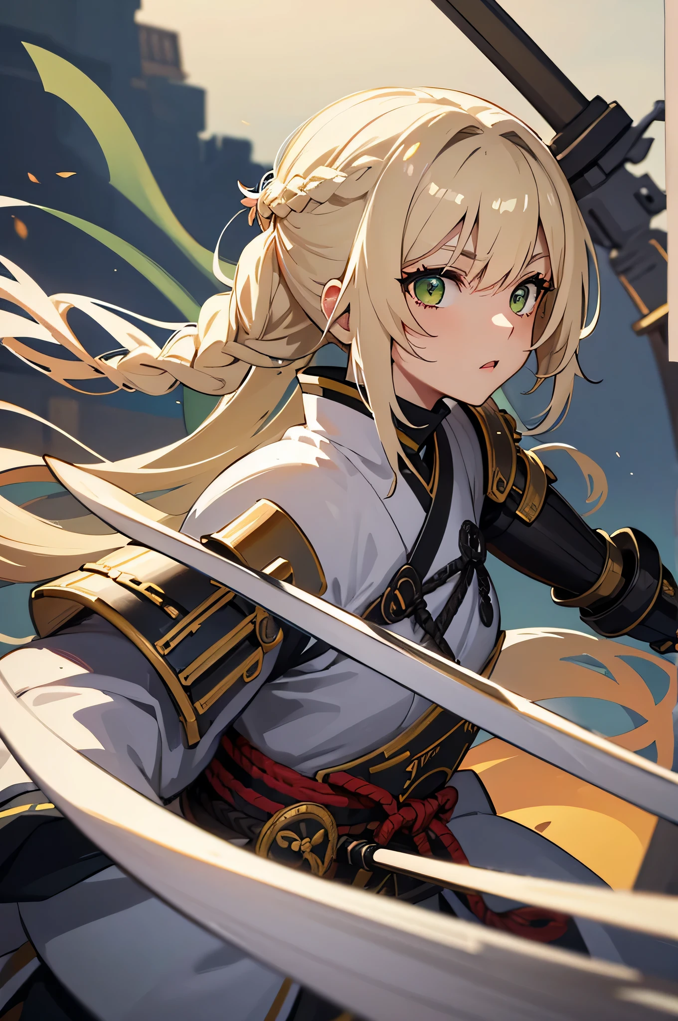 4K,High resolution,one woman,white yellow hair,long hair,Braid,green eyes,warrior,white armor,heavy armor,Japanese sword,Plain color
